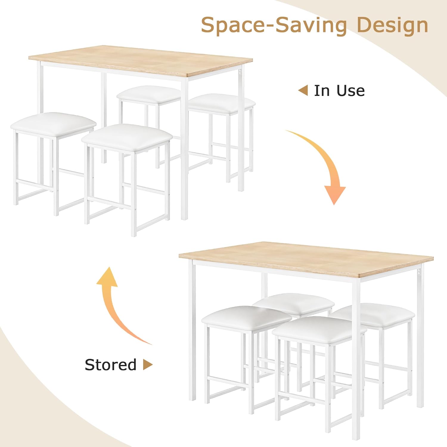 VECELO Kitchen Table and Chairs for 4, Dining Room Set with PU Chairs/Stools, Heavy-Duty Metal Frame, Wooden Tabletop, Space-Saving Design for Small Spaces, Easy Assembly, Oak