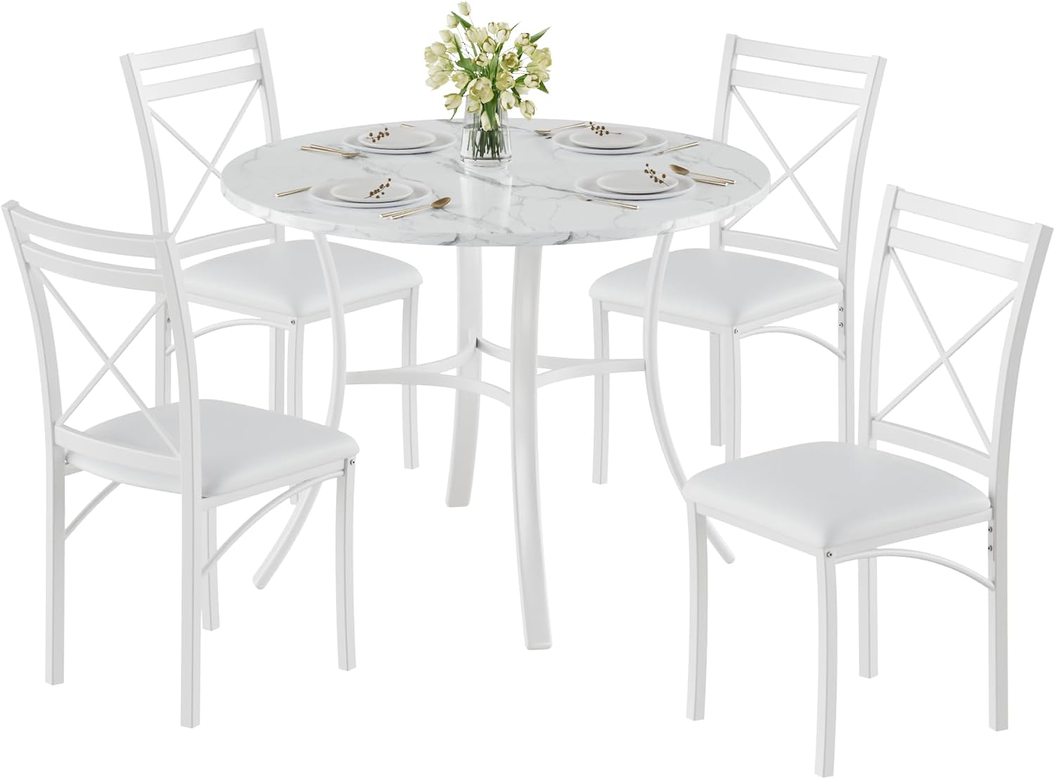VECELO 5 Piece Dining Table Set for 4 with Chairs, Faux Marble Tabletop, Small Space, Kitchen, Breakfast Nook, White