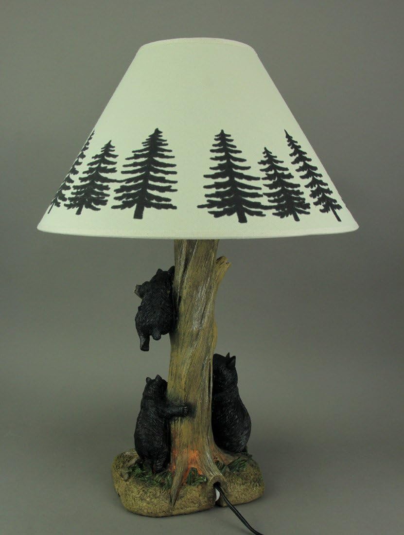 Zeckos Playful Black Bears Climbing Pine Tree Rustic Table Lamp with Nightlight Base