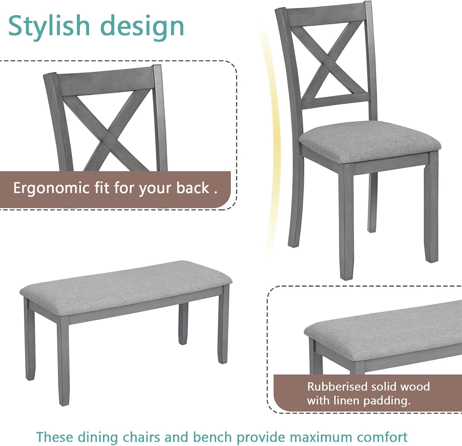 Harper & Bright Designs 6-Piece Dining Table Set with 4 Upholstered Chairs & Bench, 58.5' Rectangular Solid Wood Frame Table, Dining Table Set for 6 People, Living Room, Home Bar and Kitchen,Grey