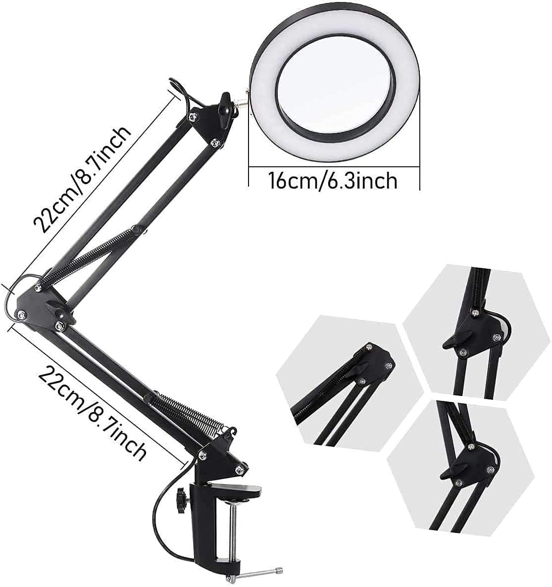 Magnifier 5X Magnifier Desk Lamps, LED Magnifying Glass Lamp Clamp with Adjustable Swivel Arm, 3 Colors Light, 10 Lighting Levels Dimming for Table Craft Reading Study Work Interes