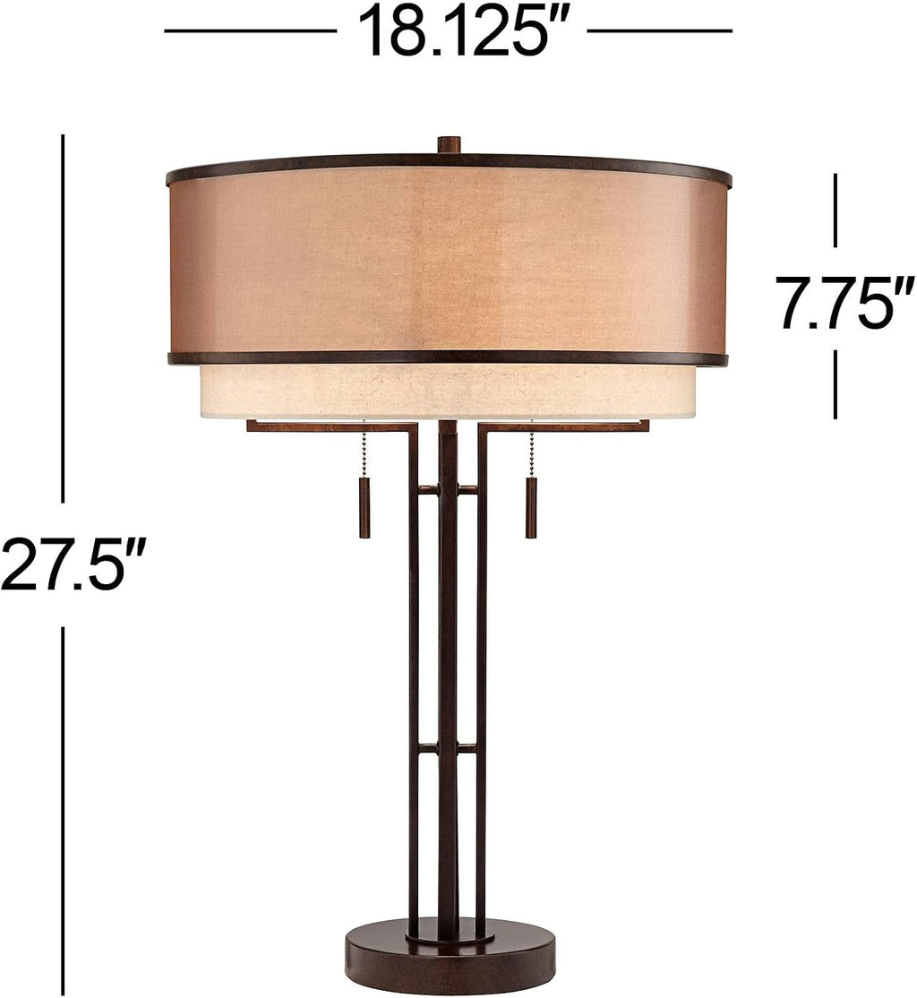 Franklin Iron Works Andes Rustic Farmhouse Industrial 3-Way Table Lamp with Table Top Dimmer 27.5' Tall Oil Rubbed Bronze Metal Stacked Double Drum Shade for Living Room Bedroom House