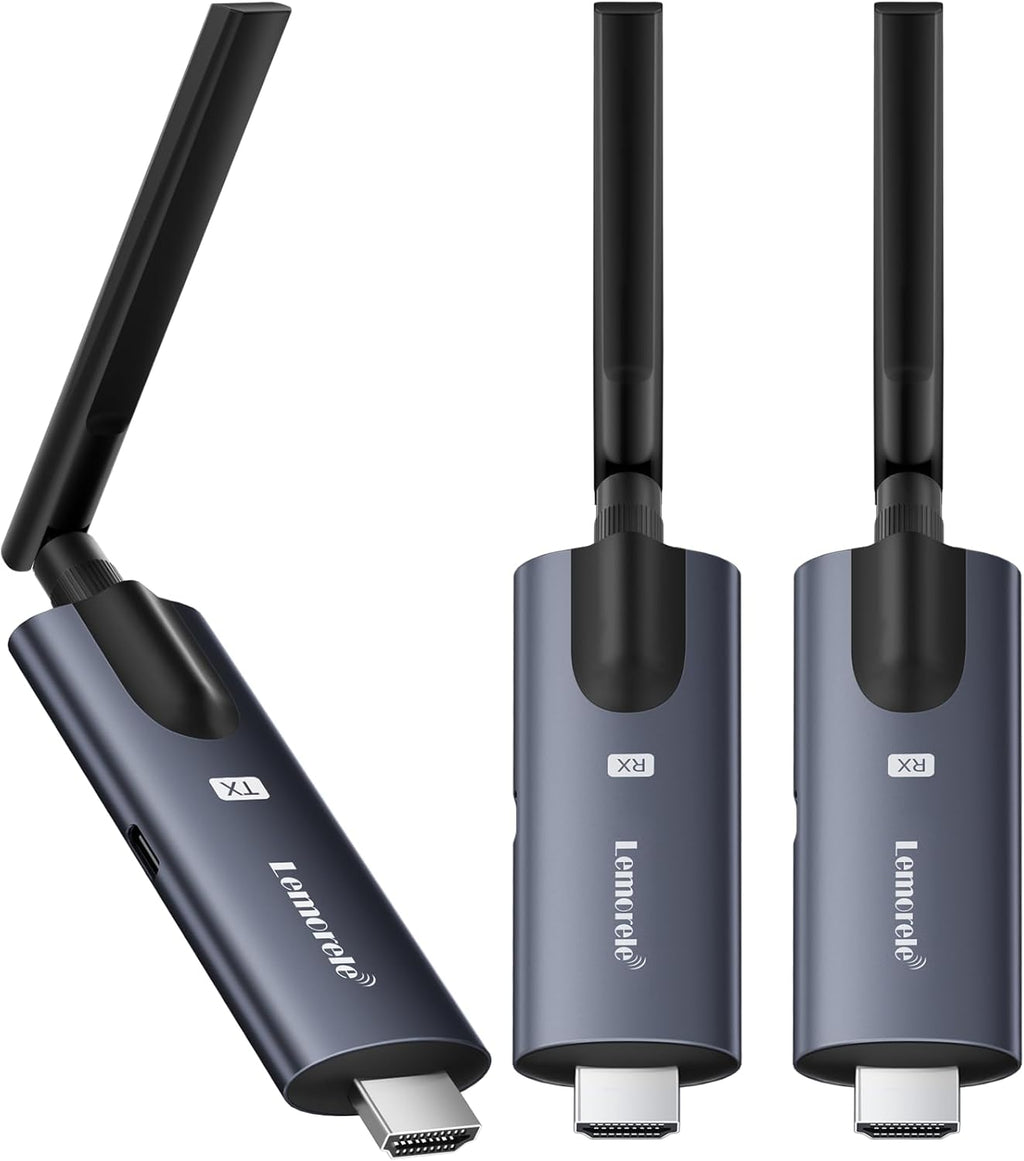 Lemorele Wireless HDMI Transmitter and Receiver, Aluminum Alloy Deep Gray, 5Ghz up to 656ft, 1080P 60Hz, Plug and Play with TuTuPlay App Monitor, for Security, Streaming, Home Theater, PC/TV. 1TX+2RX