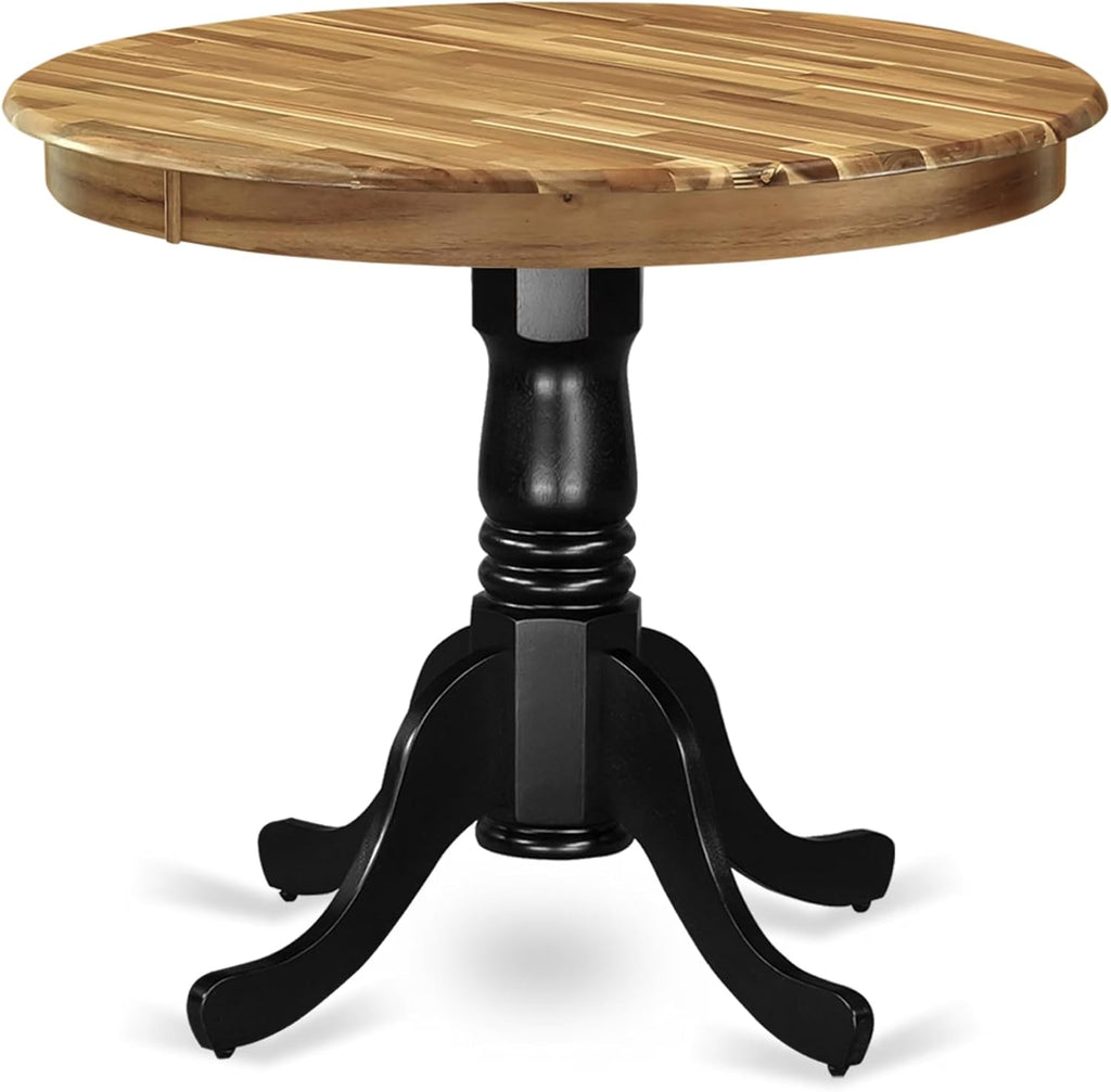 East West Furniture AMT-NBK-TP Antique Mid-Century Modern Dining Table - a Round Dining Table Top with Pedestal Base, 36x36 Inch, Natural & Black