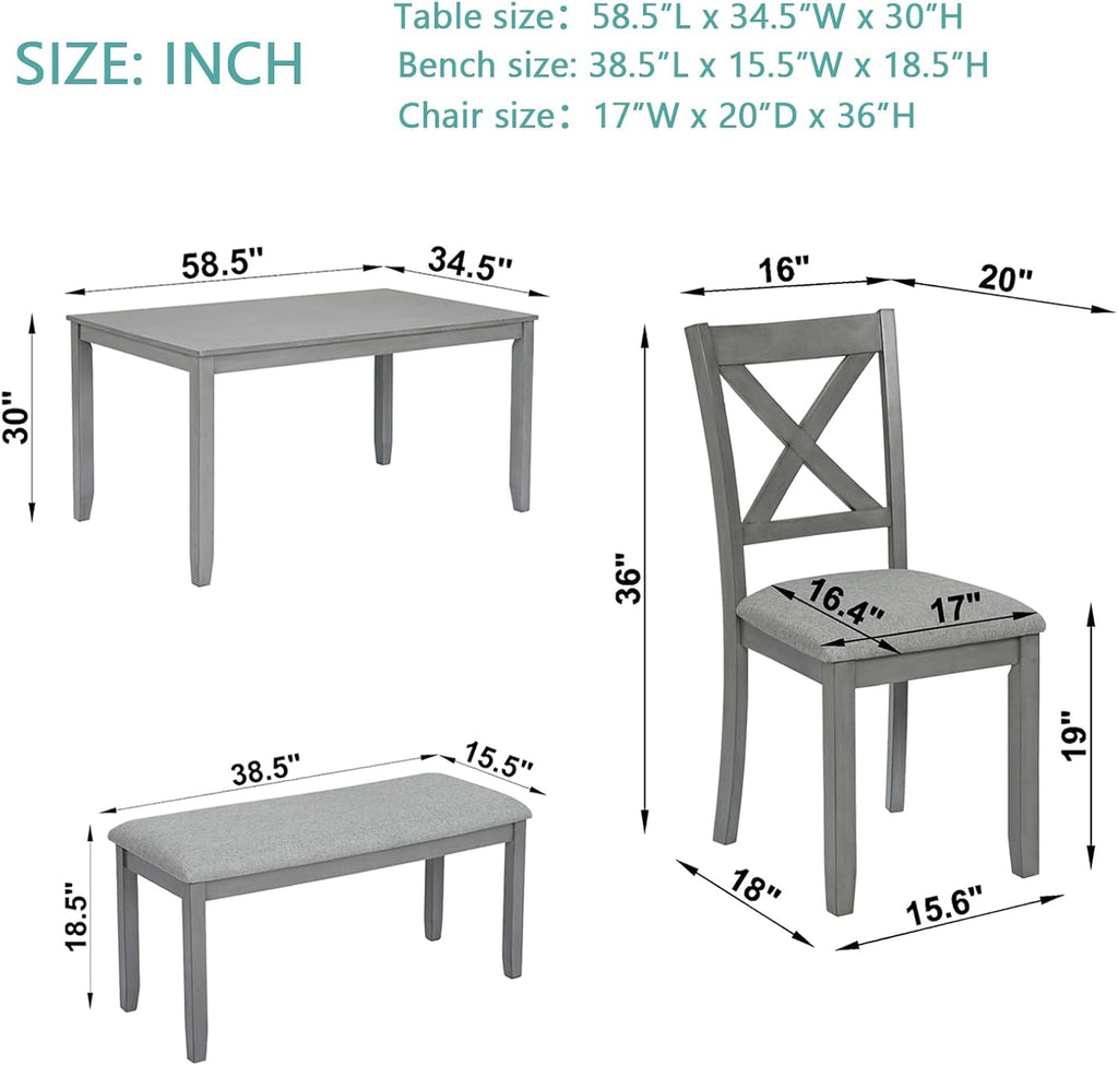 Harper & Bright Designs 6-Piece Dining Table Set with 4 Upholstered Chairs & Bench, 58.5' Rectangular Solid Wood Frame Table, Dining Table Set for 6 People, Living Room, Home Bar and Kitchen,Grey