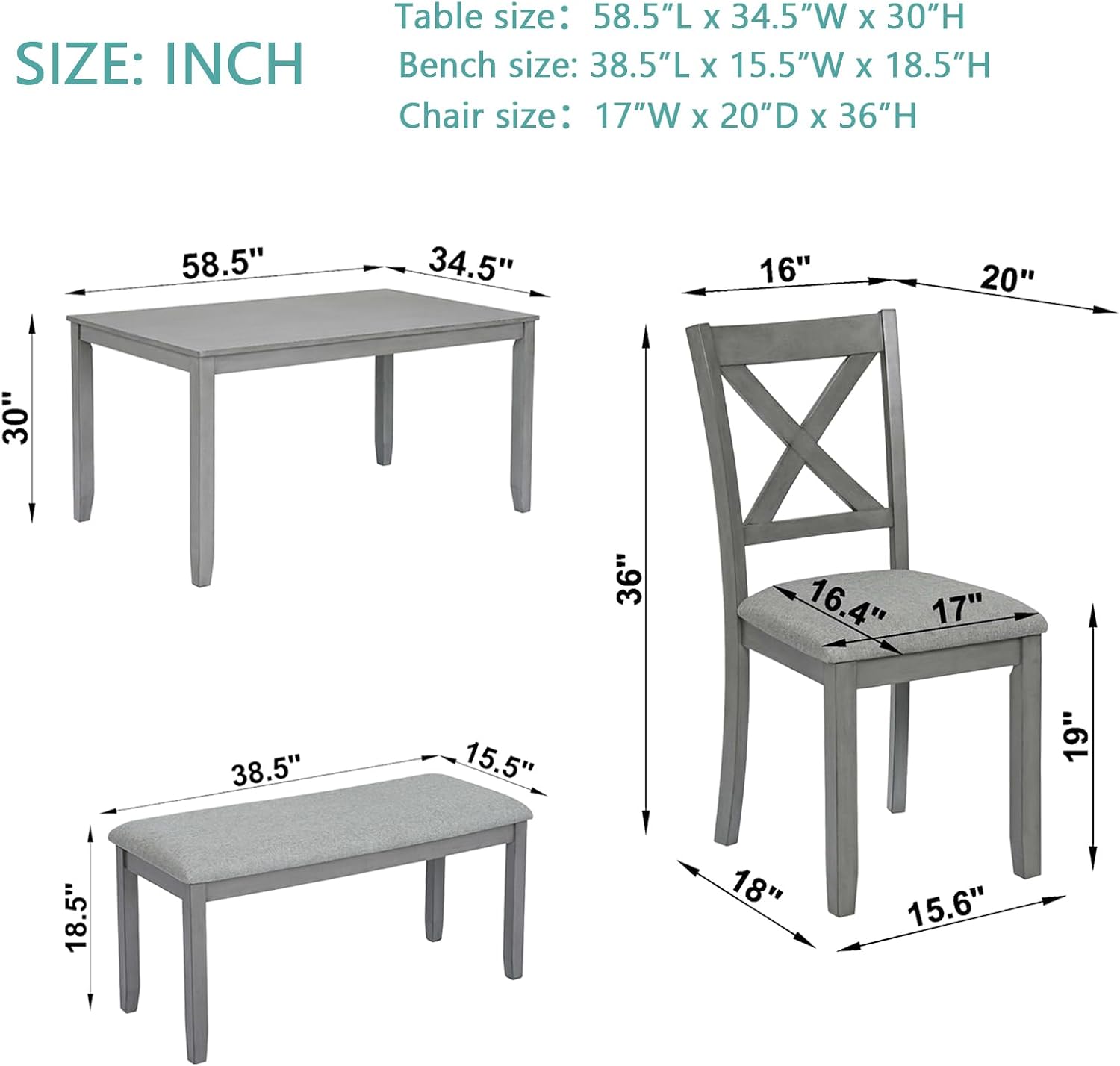 Harper & Bright Designs 6-Piece Dining Table Set with 4 Upholstered Chairs & Bench, 58.5' Rectangular Solid Wood Frame Table, Dining Table Set for 6 People, Living Room, Home Bar and Kitchen,Grey