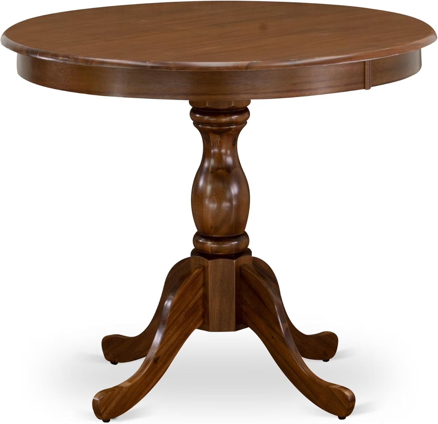 East West Furniture AMT-AWA-TP Antique Kitchen Table - a Round Dining Table Top with Pedestal Base, 36x36 Inch, Walnut
