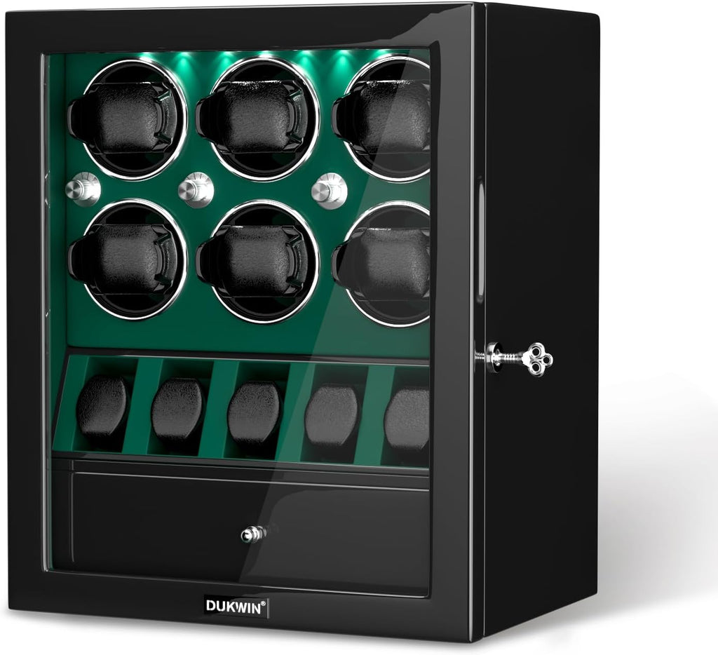 DUKWIN Watch Winder for 4/6/8 Automatic Watches, Lockable Winders with Watch Holders and Jewelry Storage, Super Quiet Motor with High-Gloss Finish, Built-in Illumination