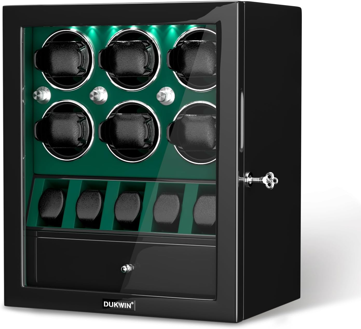 DUKWIN Watch Winder for 4/6/8 Automatic Watches, Lockable Winders with Watch Holders and Jewelry Storage, Super Quiet Motor with High-Gloss Finish, Built-in Illumination