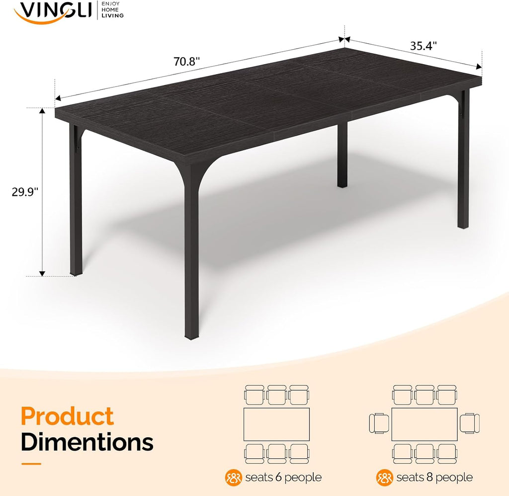 VINGLI Large Dining Table for 8, 70.8in Long Kitchen Table, Rectangular Dinner Table for Dining Room, Farmhouse Wood Kitchen Table for Family Home Office, Black