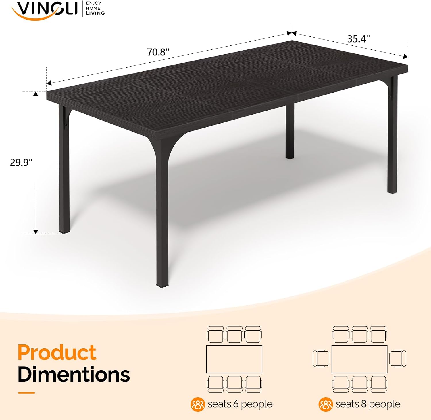 VINGLI Large Dining Table for 8, 70.8in Long Kitchen Table, Rectangular Dinner Table for Dining Room, Farmhouse Wood Kitchen Table for Family Home Office, Black