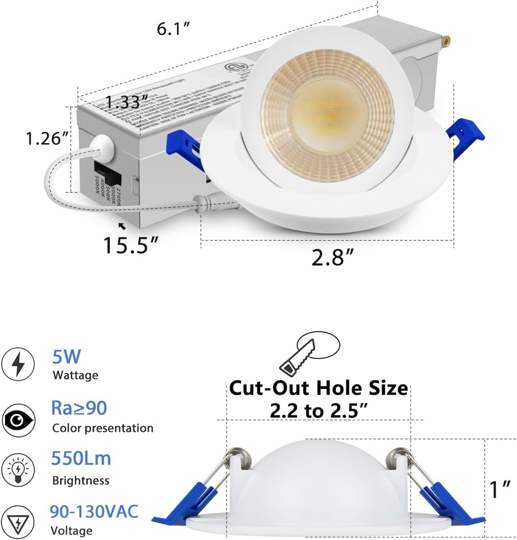 Adetu 2 Inch 5CCT Gimbal Led Recessed Lighting with Junction Box, 360°+90° Adjustable Recessed Can Lights, 2700K/3000K/3500K/4000K/5000K Selectable, 5W Eqv 50W, 550LM Brightness - ETL (White,12 Pack)