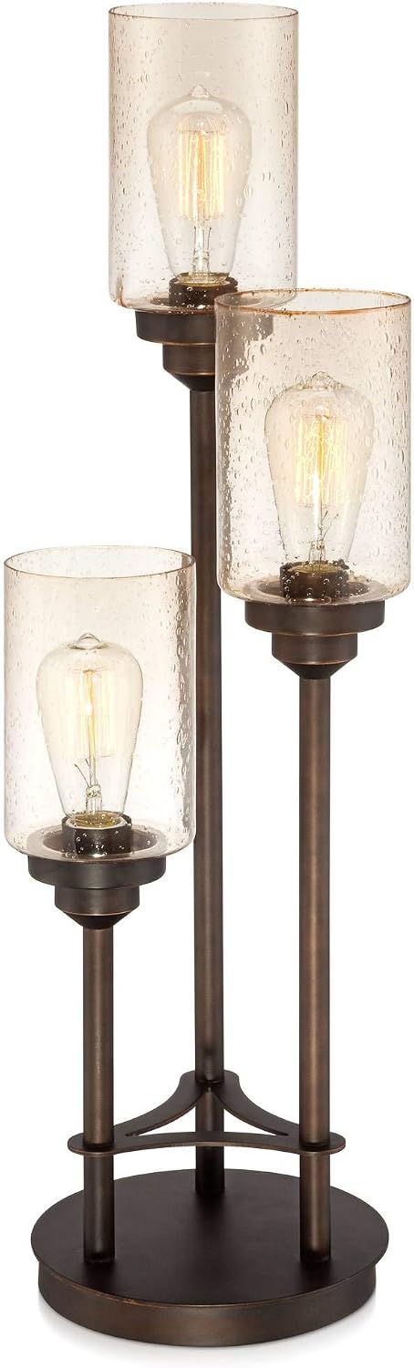 Franklin Iron Works Libby Modern Industrial Rustic Farmhouse Table Lamp 30' Tall Full Size Bronze Metal 3-Light LED Amber Seeded Cylinder Glass for Living Room Bedroom House Bedside Nightstand