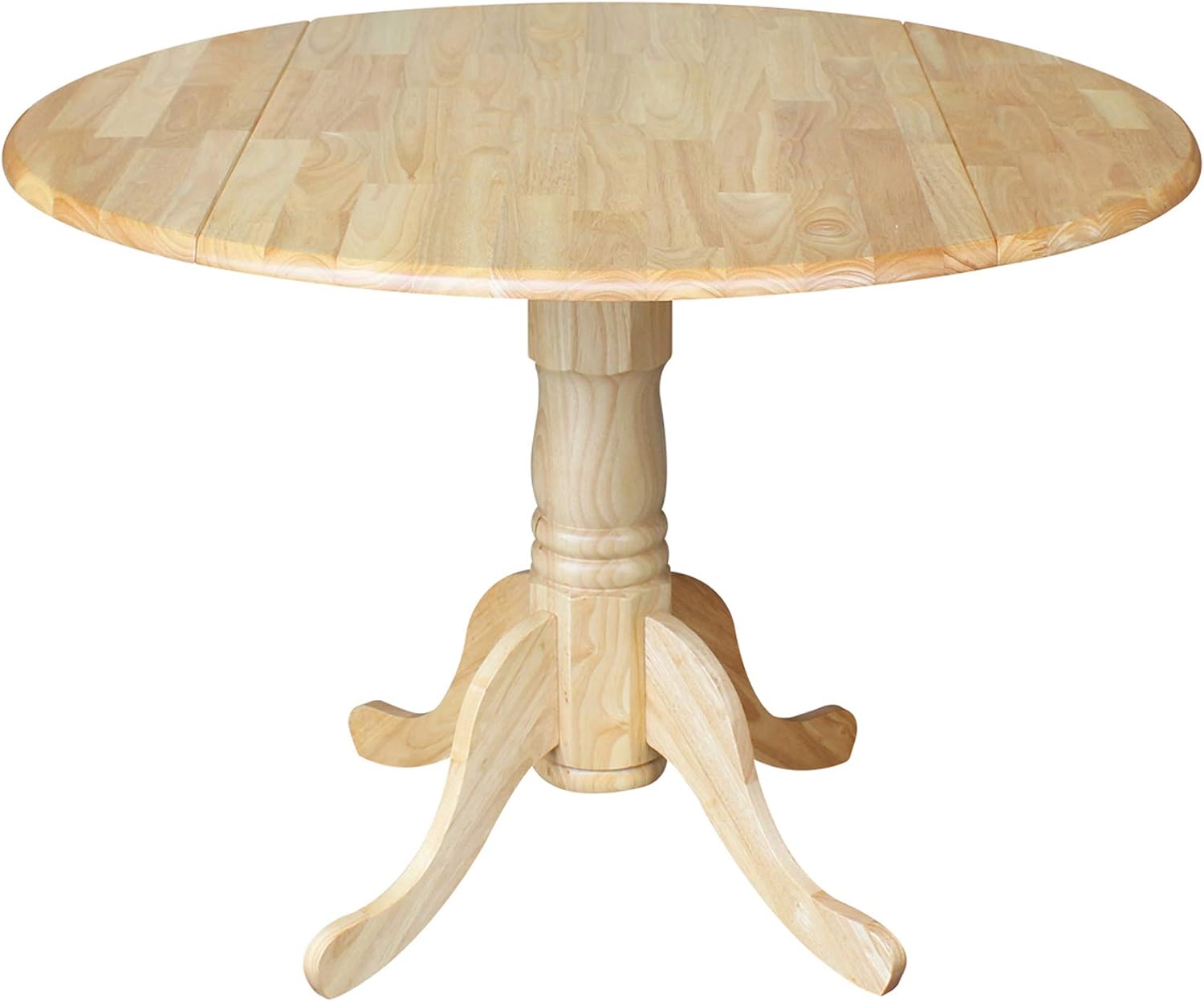 IC International Concepts, 42' Round Dual Drop Leaf Pedestal Dining Table, Solid Real Wood, Sturdy Parawood, Natural