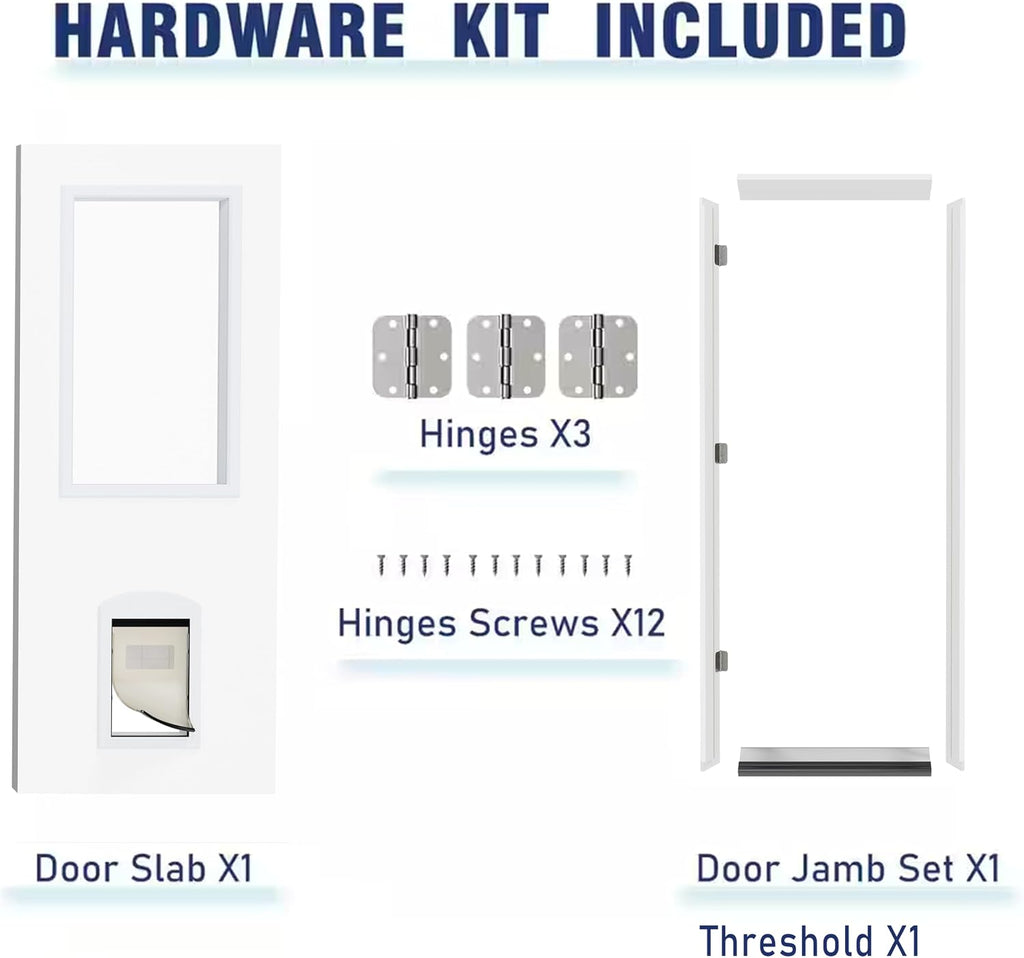 Front Door，32' x 80' 1-Lite Exterior Door with Pet Door, Left-Handed Clear Glass Entry Door, Solid Wood & MDF Construction, Prehung Door Jamb & Threshold Hardware Kit, Waterproof Primer