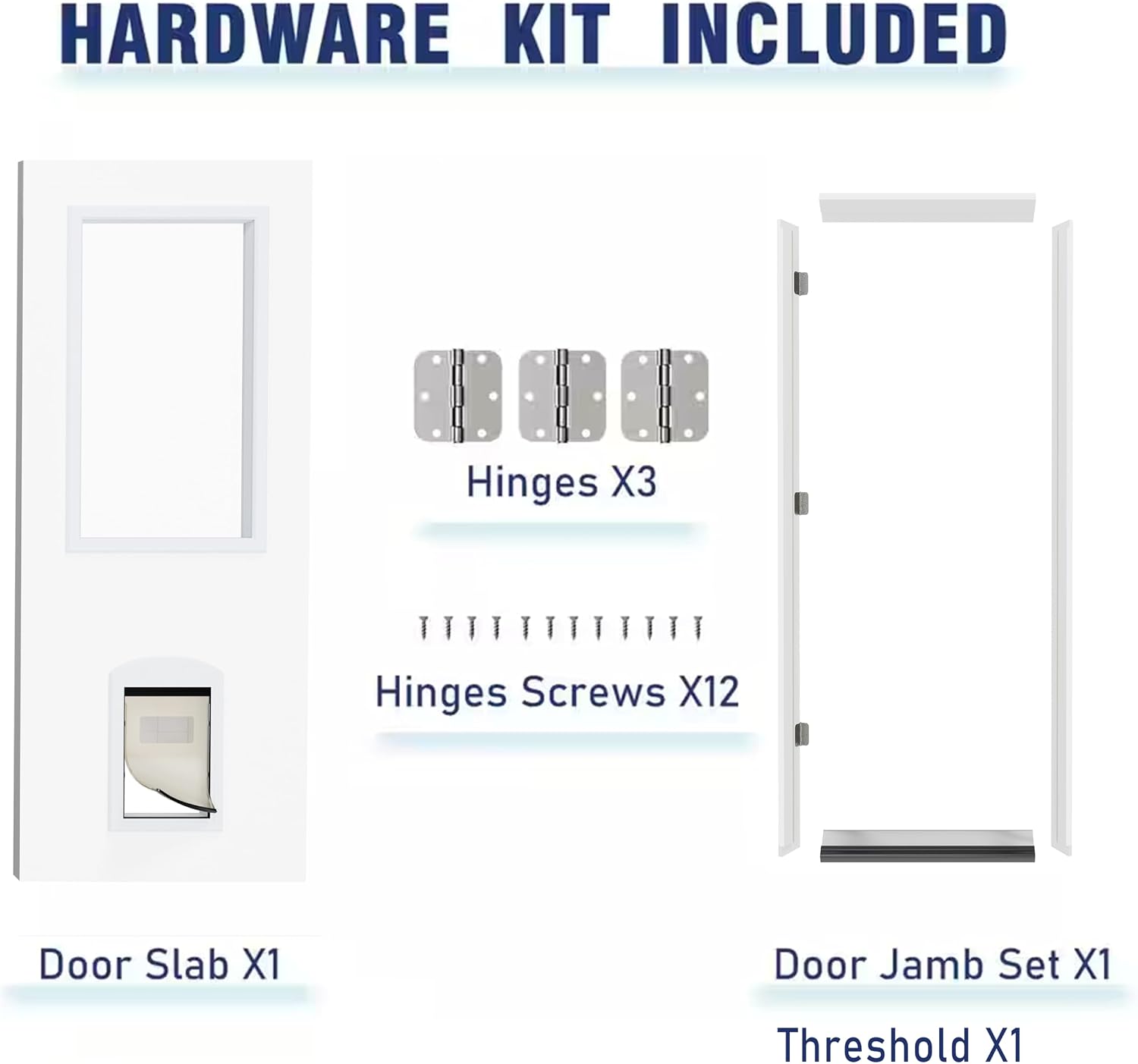 Front Door，32' x 80' 1-Lite Exterior Door with Pet Door, Left-Handed Clear Glass Entry Door, Solid Wood & MDF Construction, Prehung Door Jamb & Threshold Hardware Kit, Waterproof Primer