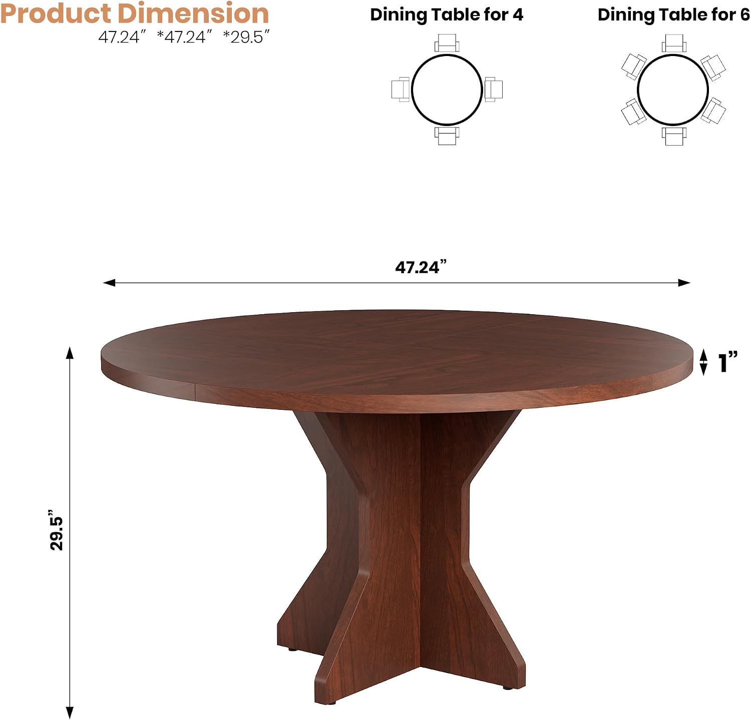 IDEALHOUSE Round Dining Table, 47' Kitchen Table for 4-6 People, Circle Tables with Sturdy Pedestal Base, Space Saving Dinning Room Furniture for Living Room, Kitchen, Apartment, Walnut