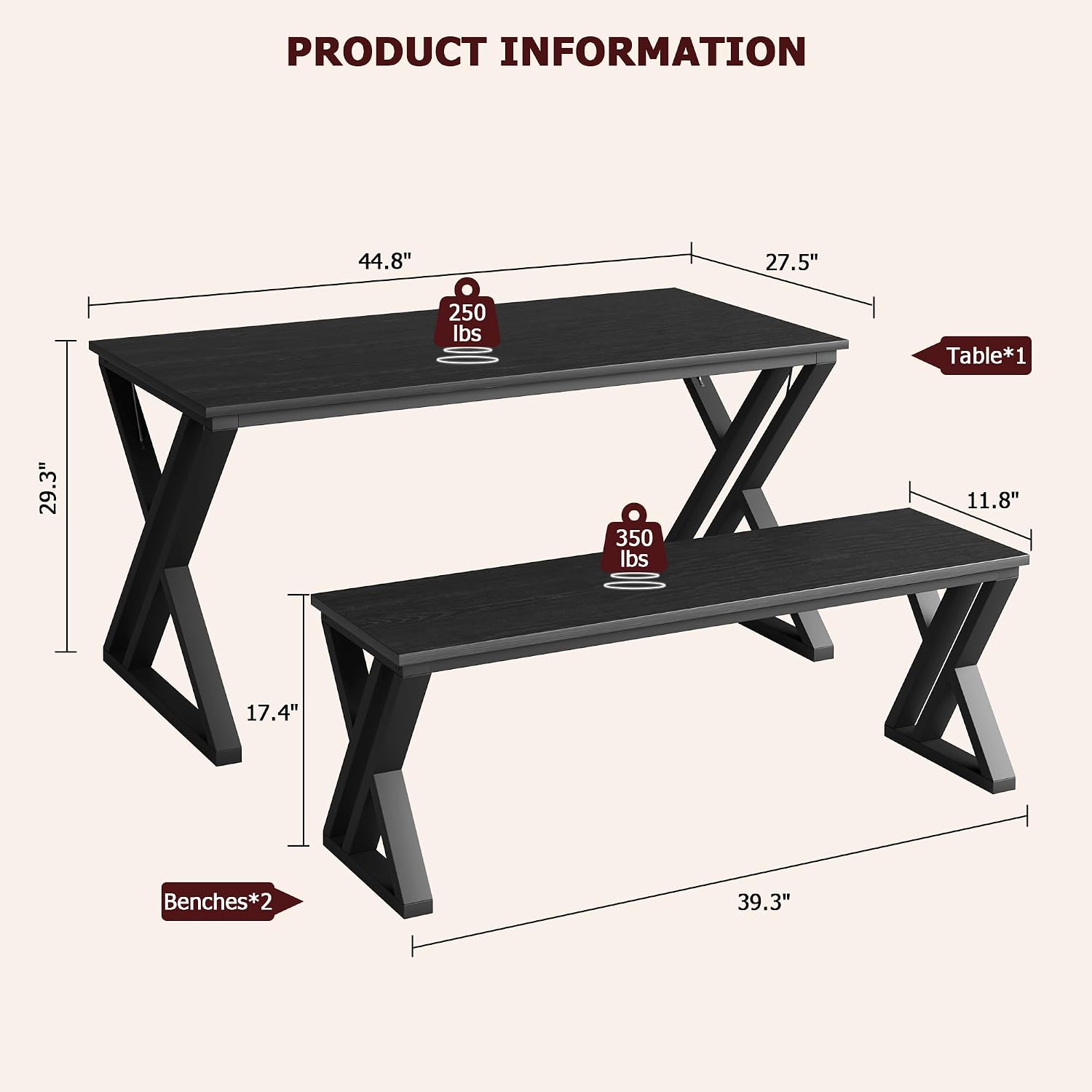 GarveeHome Kitchen Table with 2 Benches, Dining Table Set for 4, Saving Space Dining Room Table Set for Kitchen, Dining Room, Apartment, Sturdy Metal Frame, Black