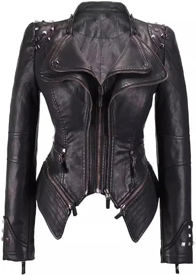 Women's PU Leather Jacket Rivet Decor Lapel Short Biker Coat Washed Casual Spring Autumn Fashion Outerwear