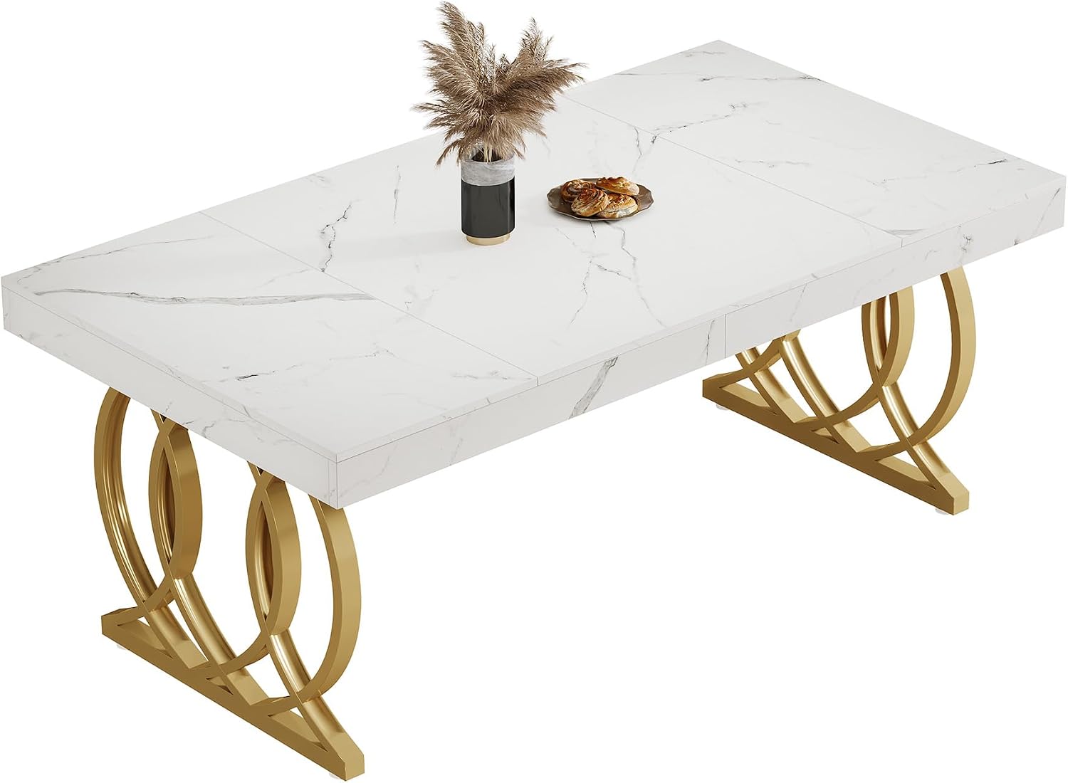 Tribesigns 63-Inch Dining Table for 4-6, Modern Kitchen Table with Faux Marble Tabletop and Geometric Legs, Rectangle Dining Room Furniture for Living Room, Kitchen, White and Gold