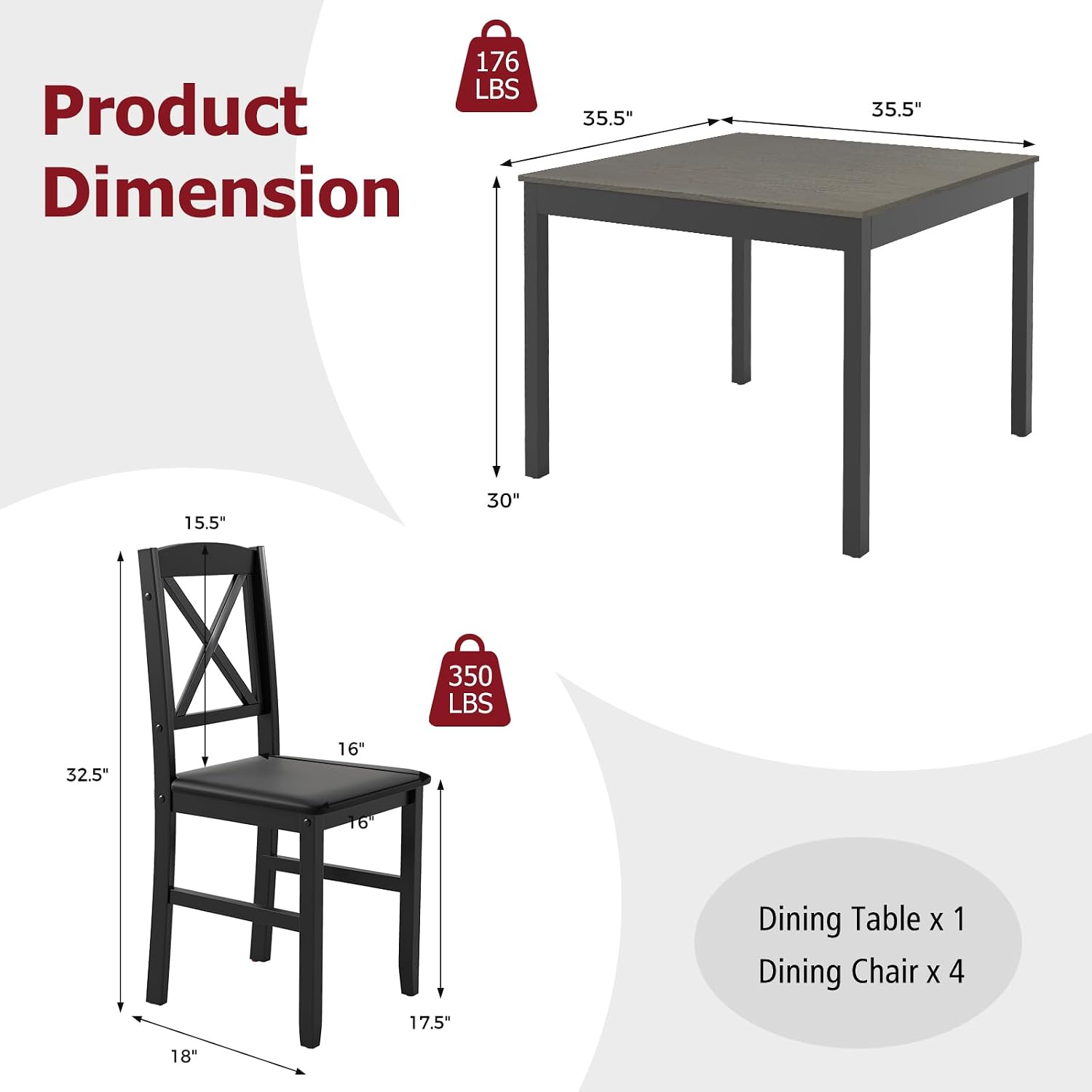 Tangkula Mid-Century Modern Dining Table Set for 2, Wooden Kitchen Table & 2 Chairs with Padded Seats, 3-Piece Compact Dining Set for Small Spaces, Kitchen, Living Room (Grey+Black)