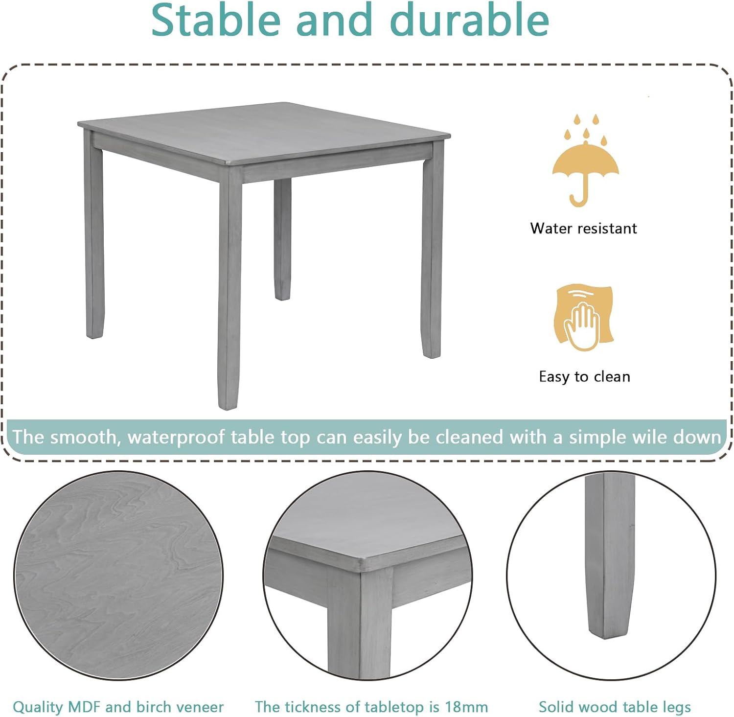 Harper & Bright Designs Modern 5-Piece Wooden Dining Table Set for 4, Grey Square Kitchen Table & 4 Upholstered Seating Chairs, Acacia/Birch Veneer, Space-Saving Design for Dining Room & Small Spaces
