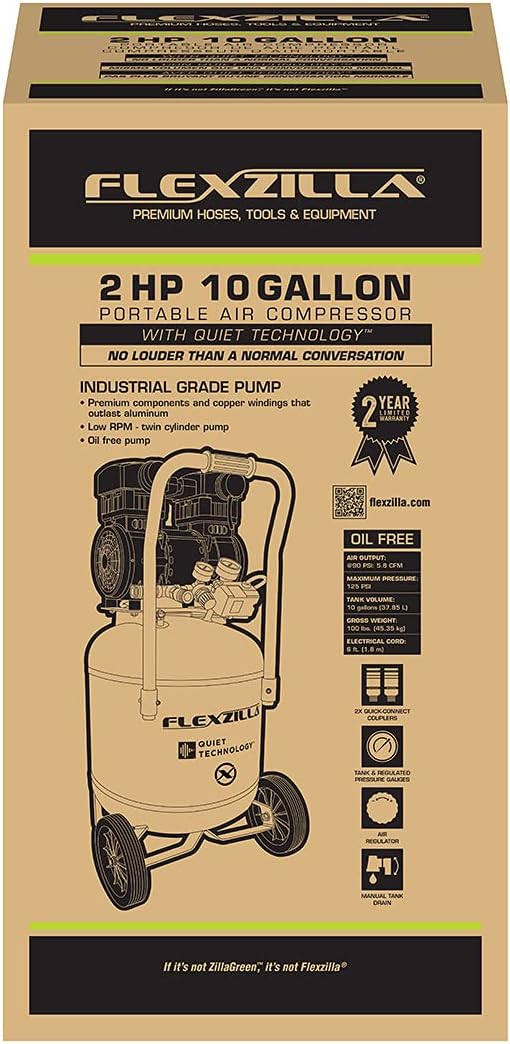 Flexzilla Portable Air Compressor with Quiet Technology, 2 HP, 10 Gallon, Industrial Grade Pump - CB20100F
