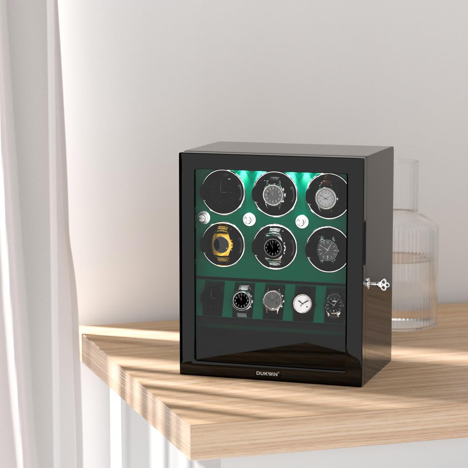 DUKWIN Watch Winder for 4/6/8 Automatic Watches, Lockable Winders with Watch Holders and Jewelry Storage, Super Quiet Motor with High-Gloss Finish, Built-in Illumination