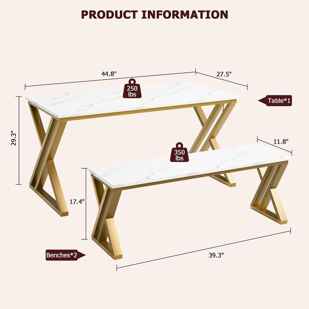 GarveeHome Kitchen Table with 2 Benches, Dining Table Set for 4 with Faux Marble Tabletop, Saving Space Dining Room Table Set for Kitchen, Dining Room, Apartment, Sturdy Metal Frame