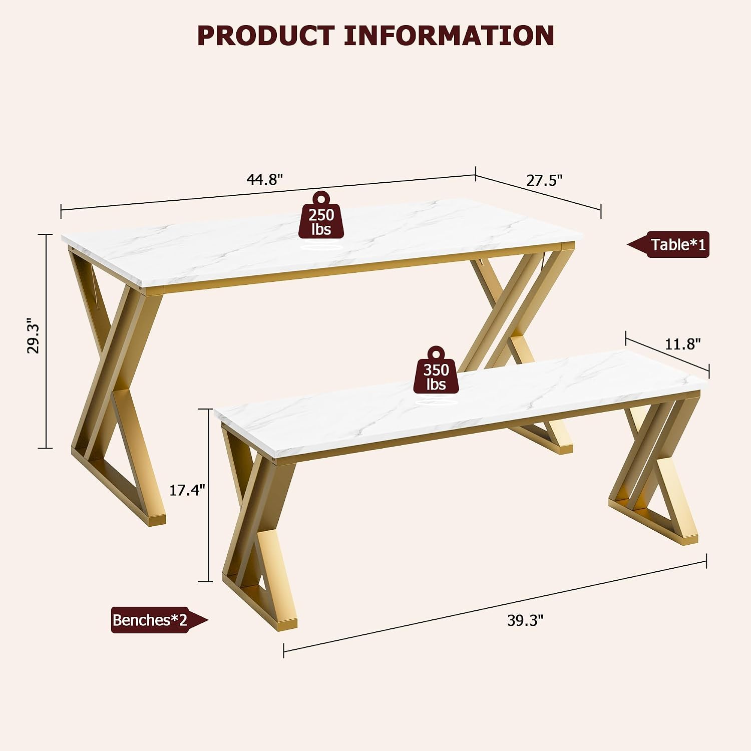 GarveeHome Kitchen Table with 2 Benches, Dining Table Set for 4 with Faux Marble Tabletop, Saving Space Dining Room Table Set for Kitchen, Dining Room, Apartment, Sturdy Metal Frame