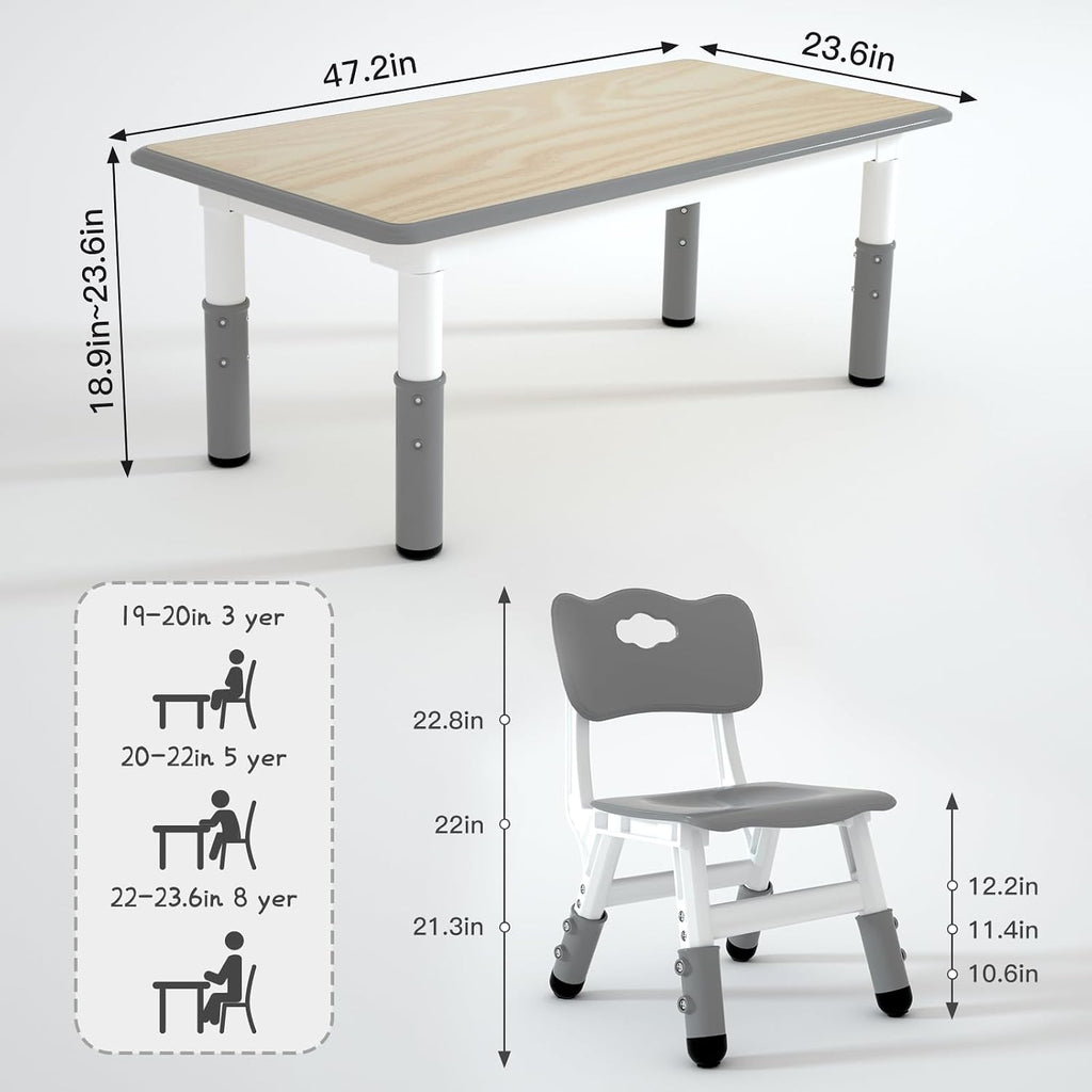 LulliSpace Kids Table and 4 Chairs Set，Height Adjustable Children Table & Chair，Toddlers Study Multi-Activity Table with 47.2'x23.6' Wipe-Clean Desktop，for Classrooms, Homes & Daycares