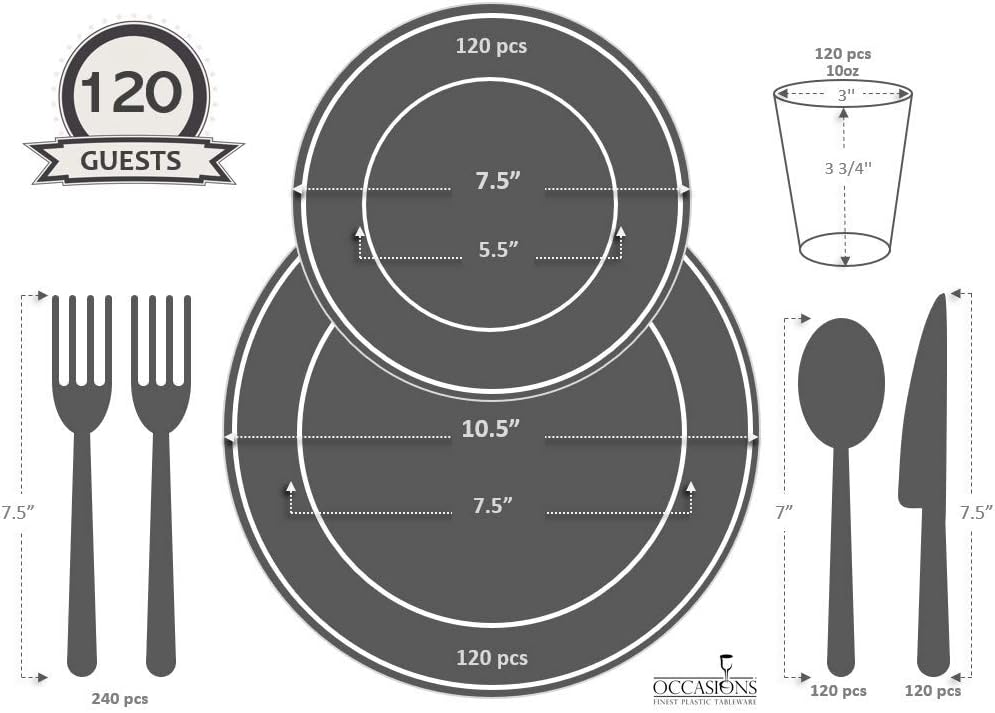 ' OCCASIONS ' 960pcs set (120 Guests)-Heavyweight Wedding Party Disposable Plastic Plate Set -120 x 10.5'' + 120 x 7.5'' + Silverware + Cups + Napkins (Odyssey White/Blue & Gold Rim)