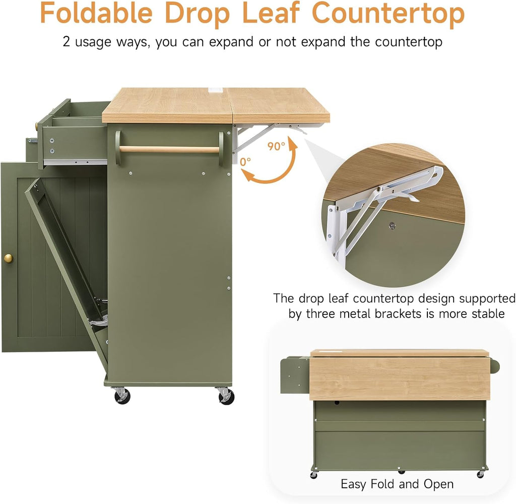 60' Kitchen Island with Power Outlet & Drop Leaf, Kitchen Rolling Island with Spice Rack & Towel Rack, Knife Holder, Kitchen Island Cart with Trash Storage Cabinet, Mobile Island Table for Kitchen