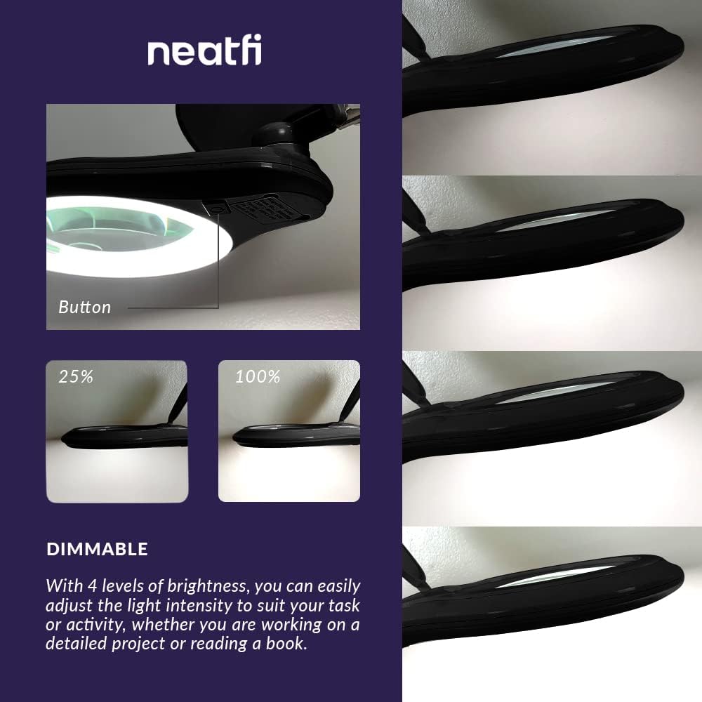 Neatfi LED Bifocal Magnifying Lamp 1,200 Lumens – 5' Glass Lens, Dual Magnification 2.25X/6X, Dimmable | Adjustable Arm with Clamp | Crafting, Jewelry & Reading (5 Diopter + 20 Diopter, Black)