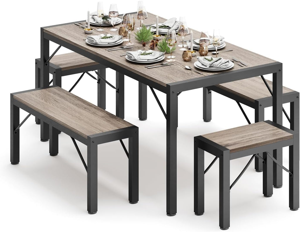 Gizoon 63' Dining Room Table Set for 6, Kitchen Table with 2 Benches and 2 Stools, Dining Table Set with Metal Frame, Space-Saving Kitchen Table Set for Apartment, Grey