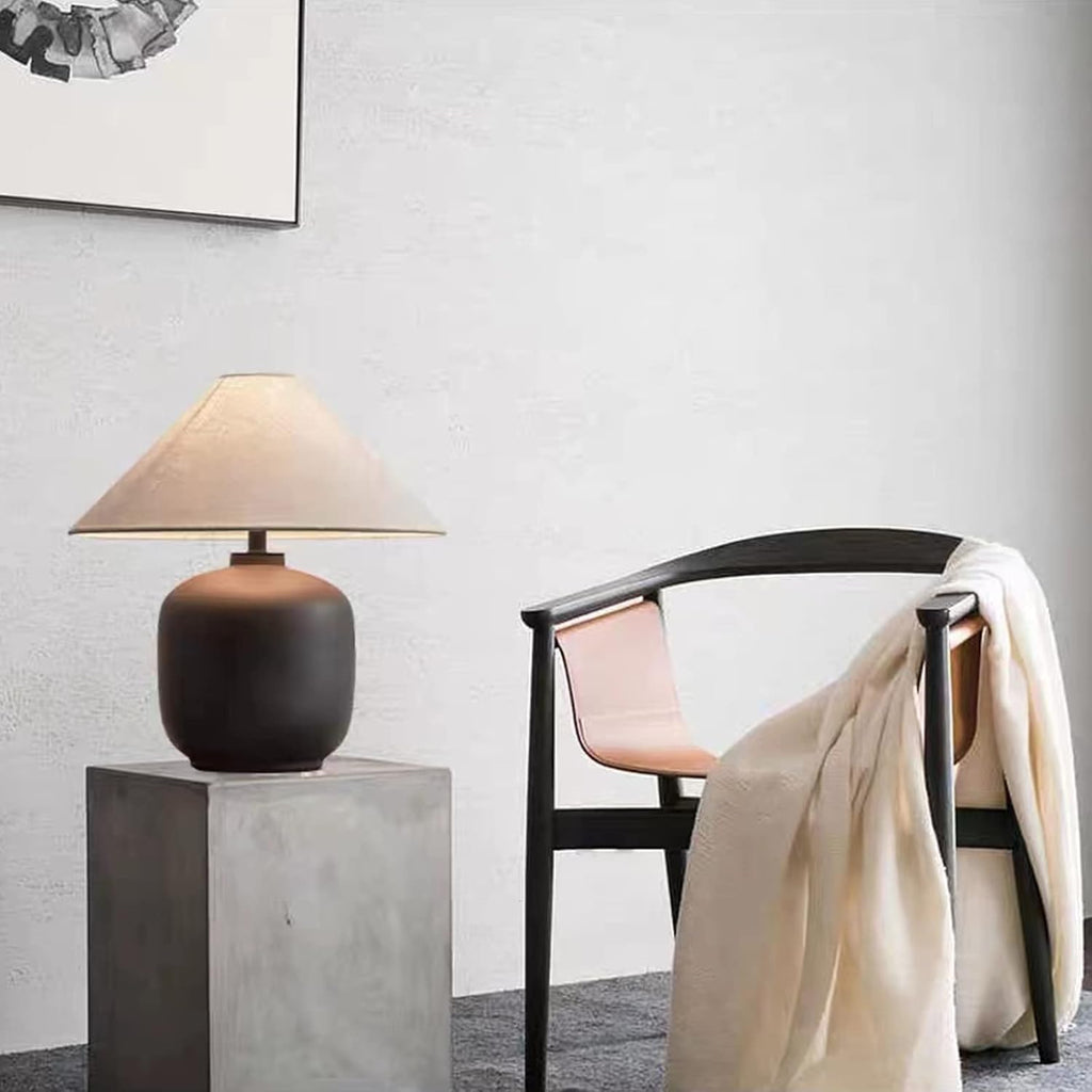 PURESILKS Modern Minimalist Table Lamps, Rustic Farmhouse Ceramic Table Lamp, 16.53' Tall Desk Lamp with Off-Black Linen Drum Lampshade Decor for Living Room Bedroom Bedside Nightstand (Black)