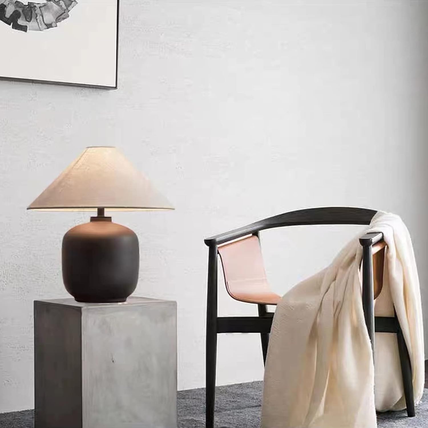 PURESILKS Modern Minimalist Table Lamps, Rustic Farmhouse Ceramic Table Lamp, 16.53' Tall Desk Lamp with Off-Black Linen Drum Lampshade Decor for Living Room Bedroom Bedside Nightstand (Black)