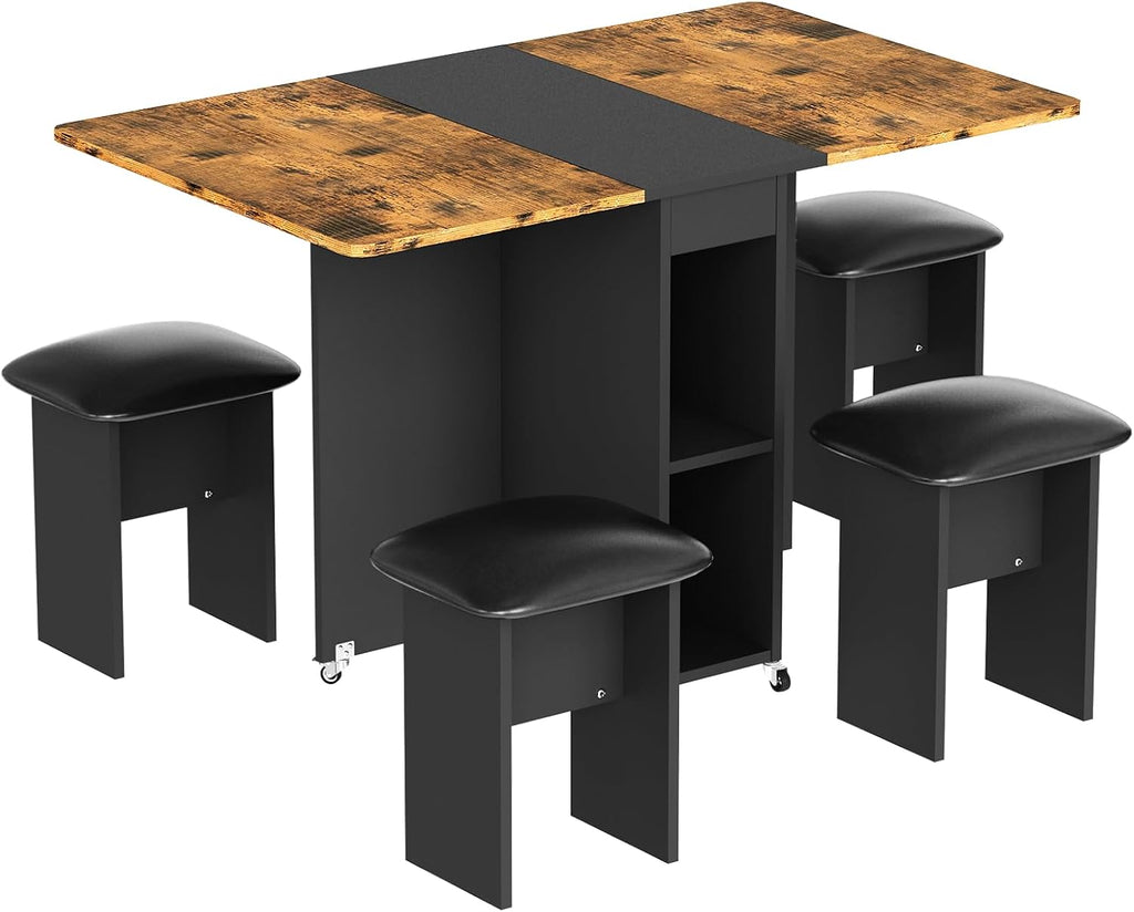 AWQM Foldable Dining Table Set for 4,Folding Dining Table with 4 Leather Chairs & Storage,Drop Leaf Dinner Table with 6 Wheels,Folding Kitchen Table and Chairs Set for Small Spaces,Walnut