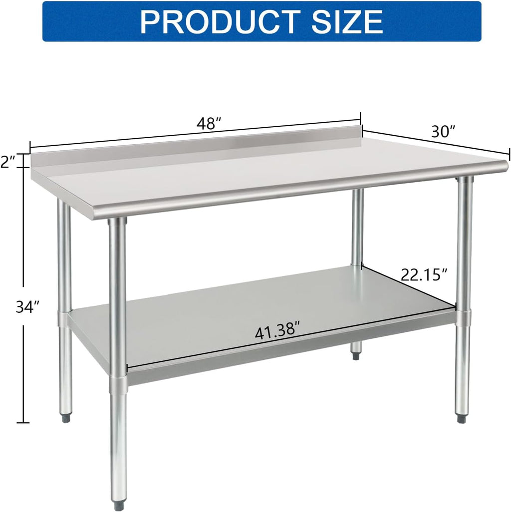 HARDURA Stainless Steel Prep & Work Table 30 x 48 Inches NSF Heavy Duty Commercial with Undershelf and Backsplash, Galvanized Legs for Commercial Food Prep
