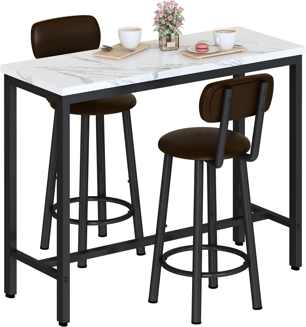 AWQM 3 Piece Bar Table Set of 2,39.3' Pub Bar Table and Chairs Set,Faux Marble Bar Height Table with 2 Backrest Stools,Small Dining Table for 2,Kitchen Table Set for Small Space,White & Brown(2 Set)