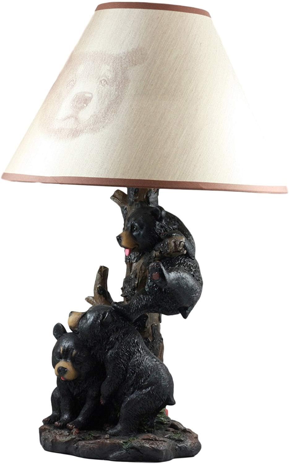 Ebros Wildlife Whimsical Climbing Black Bear Cubs Table Lamp Statue Decor with Bear Face Printed Shade Three Cuddly Sibling Bears Little Rascals Playing by Tree Desktop Lamp (Set of 2)