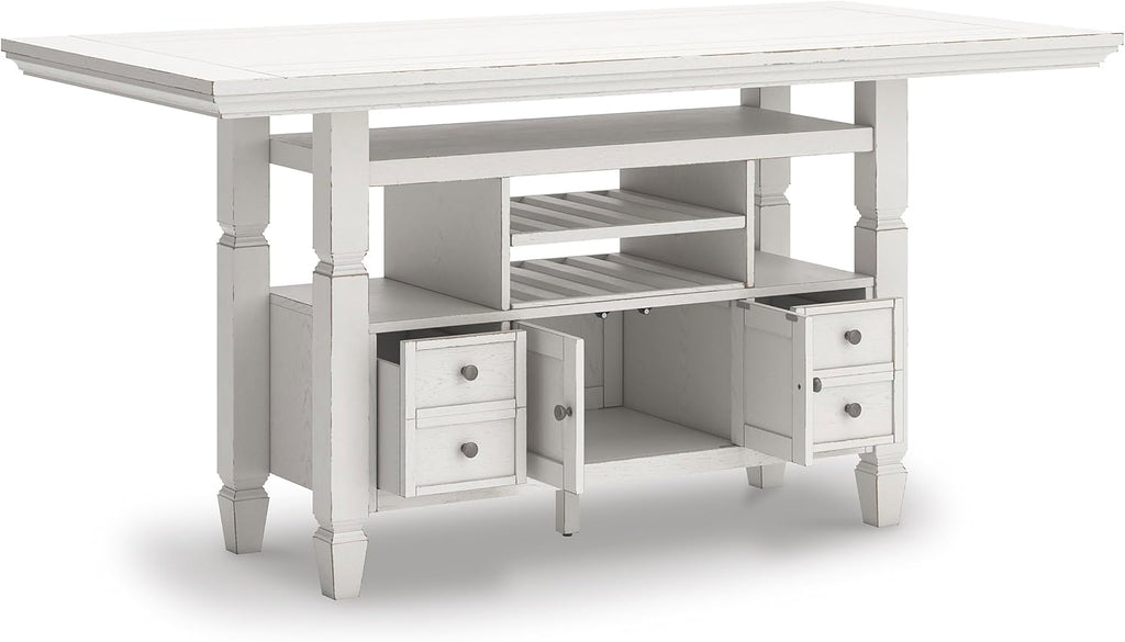 Signature Design by Ashley Robbinsdale Casual Counter Height Dining Table with 10 Bottle Wine Storage, Open Shelves, Drawers and Cabinet, Antiqued White Finish, 36' W x 72' L x 37' H