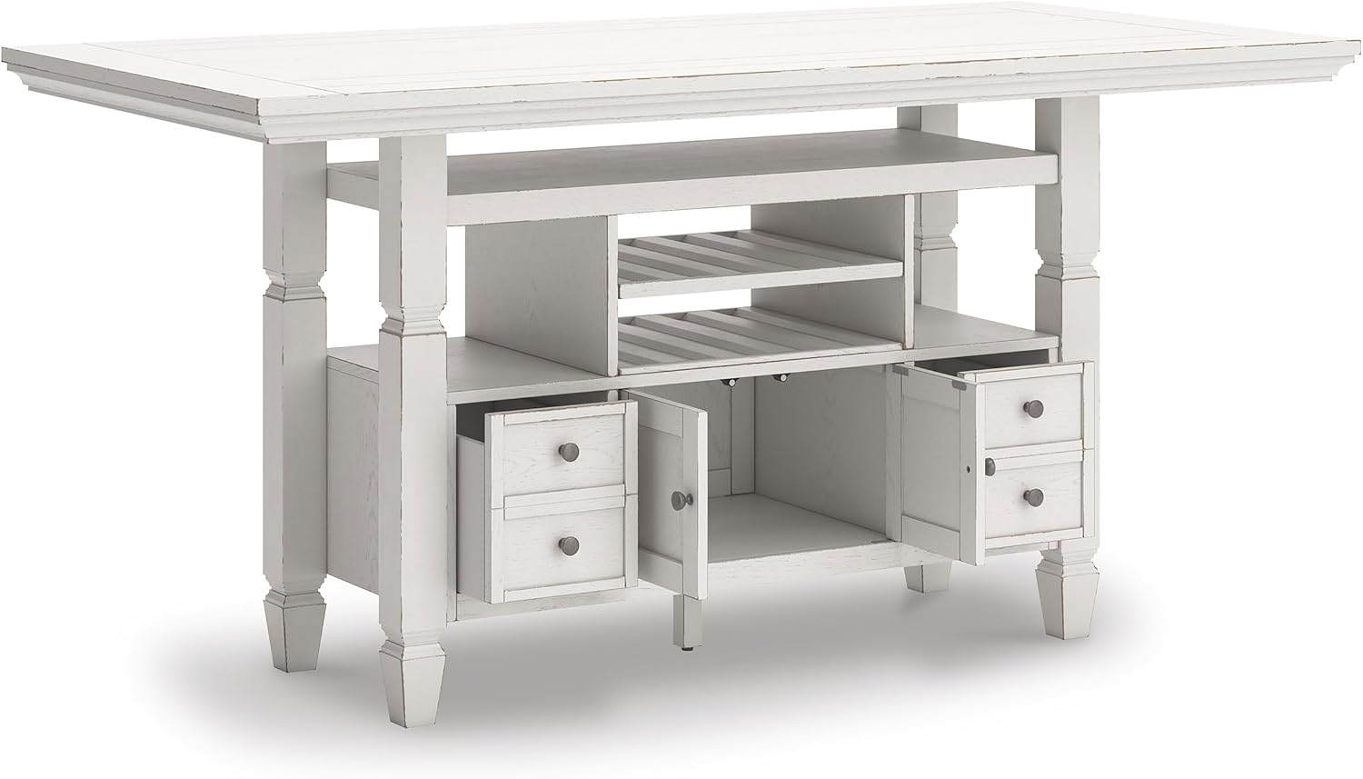 Signature Design by Ashley Robbinsdale Casual Counter Height Dining Table with 10 Bottle Wine Storage, Open Shelves, Drawers and Cabinet, Antiqued White Finish, 36' W x 72' L x 37' H