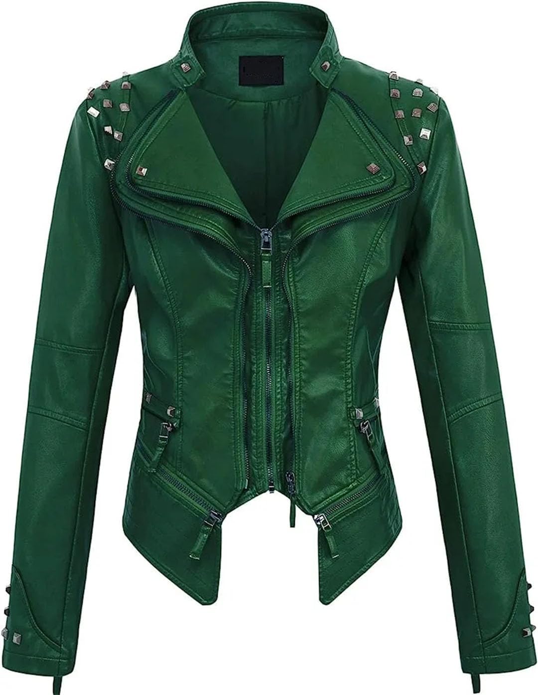 Women Suit Collar Rivet Waist Short Washed PU Leather Jacket American Retro Style Long Sleeve Turn-Down Collar Jacket