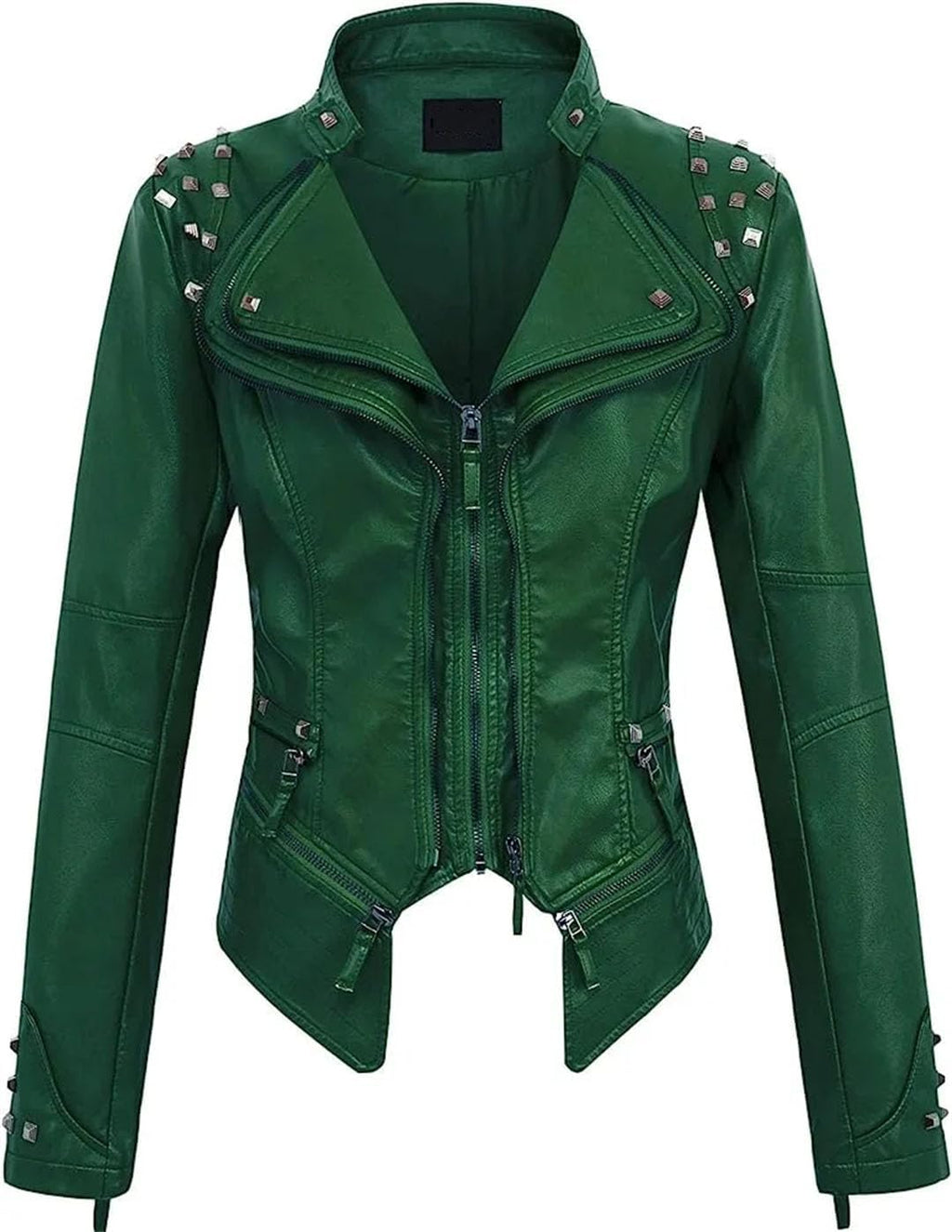 Women Suit Collar Rivet Waist Short Washed PU Leather Jacket American Retro Style Long Sleeve Turn-Down Collar Jacket
