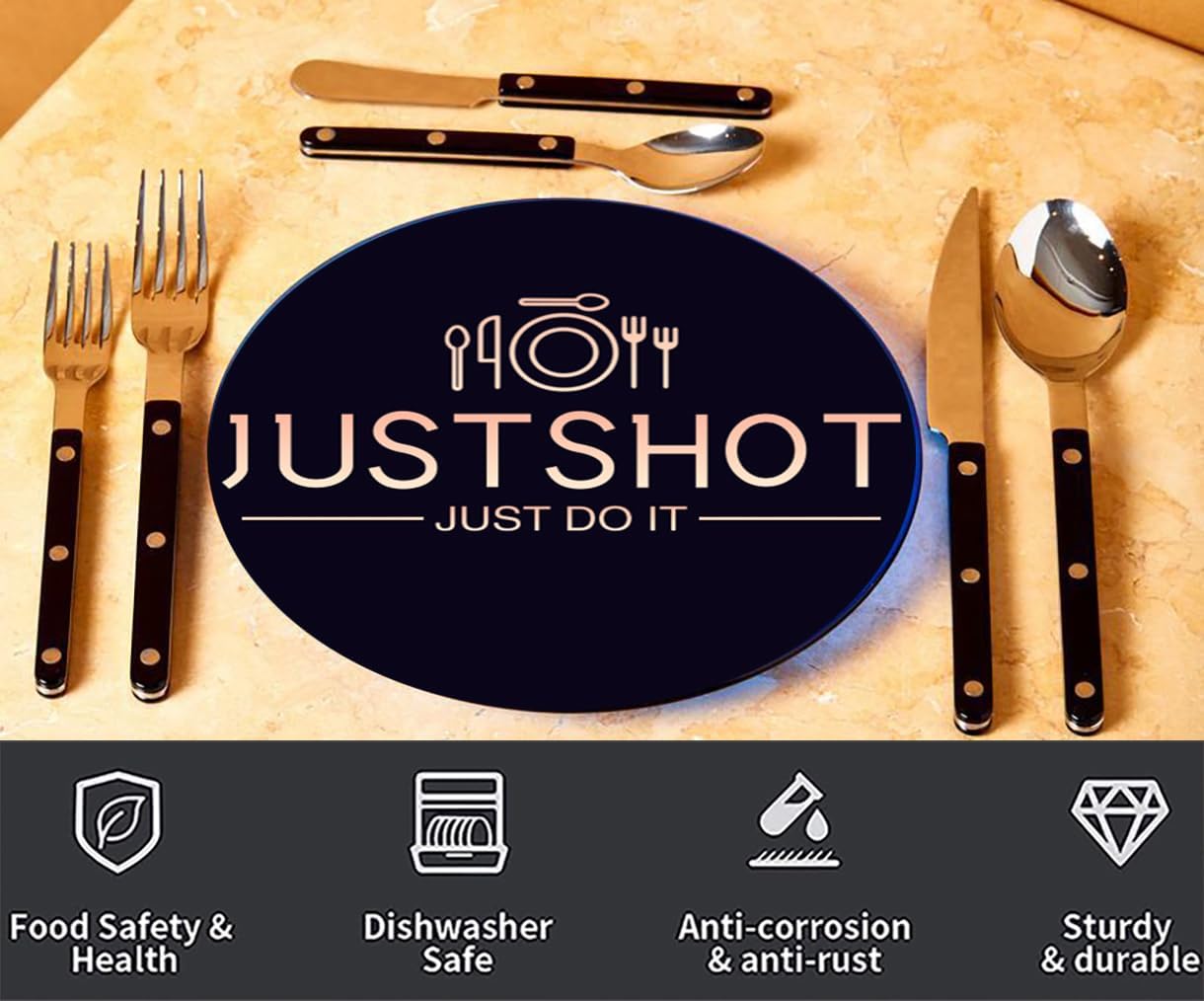 JUSTSHOT 48 Piece Rivet ABS Handle Flatware Set for 12,1810 Stainless Steel Black Handle Silverware Set,Rivet Handle Cutlery Flatware Set,Mirror Polished,Dishwasher Safe