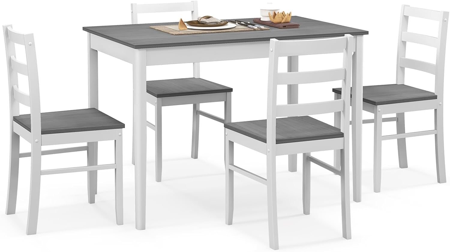 NAFORT 5 Piece Dining Table Set for 4, Farmhouse Solid Wood Kitchen Table Chairs Set of 4, Mid-Century Modern Dinette Set w/Rubber Wood Legs, Dining Room Table and 4 Chairs for Kitchen