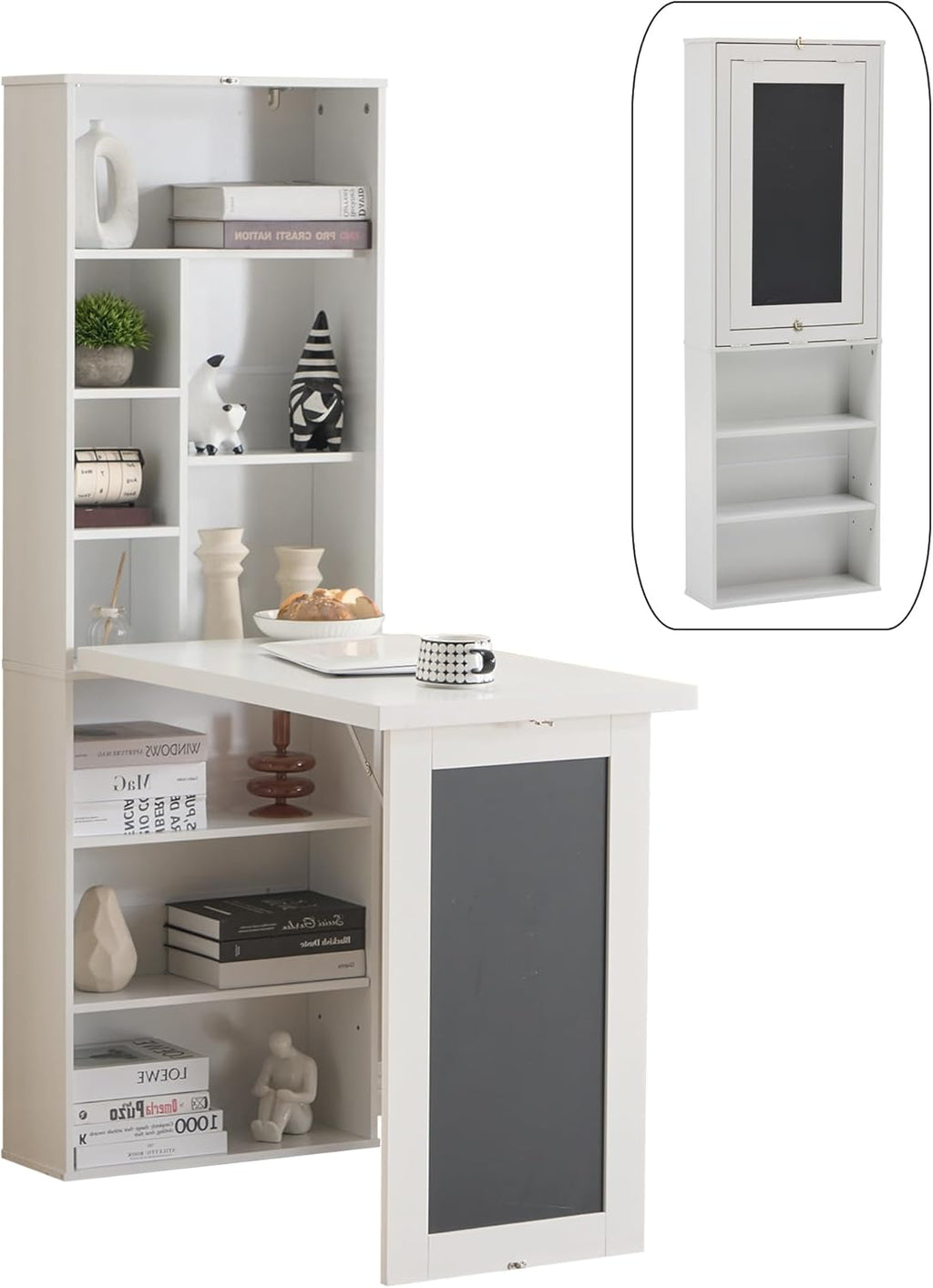 Folding Desk with Storage,Foldable Convertible Writing table with Blackboard and Shelves,Wall Mount Fold Out Table Cabinet , Space-Saving Murphy Desk Multi-Function Home Office Workstation (White)
