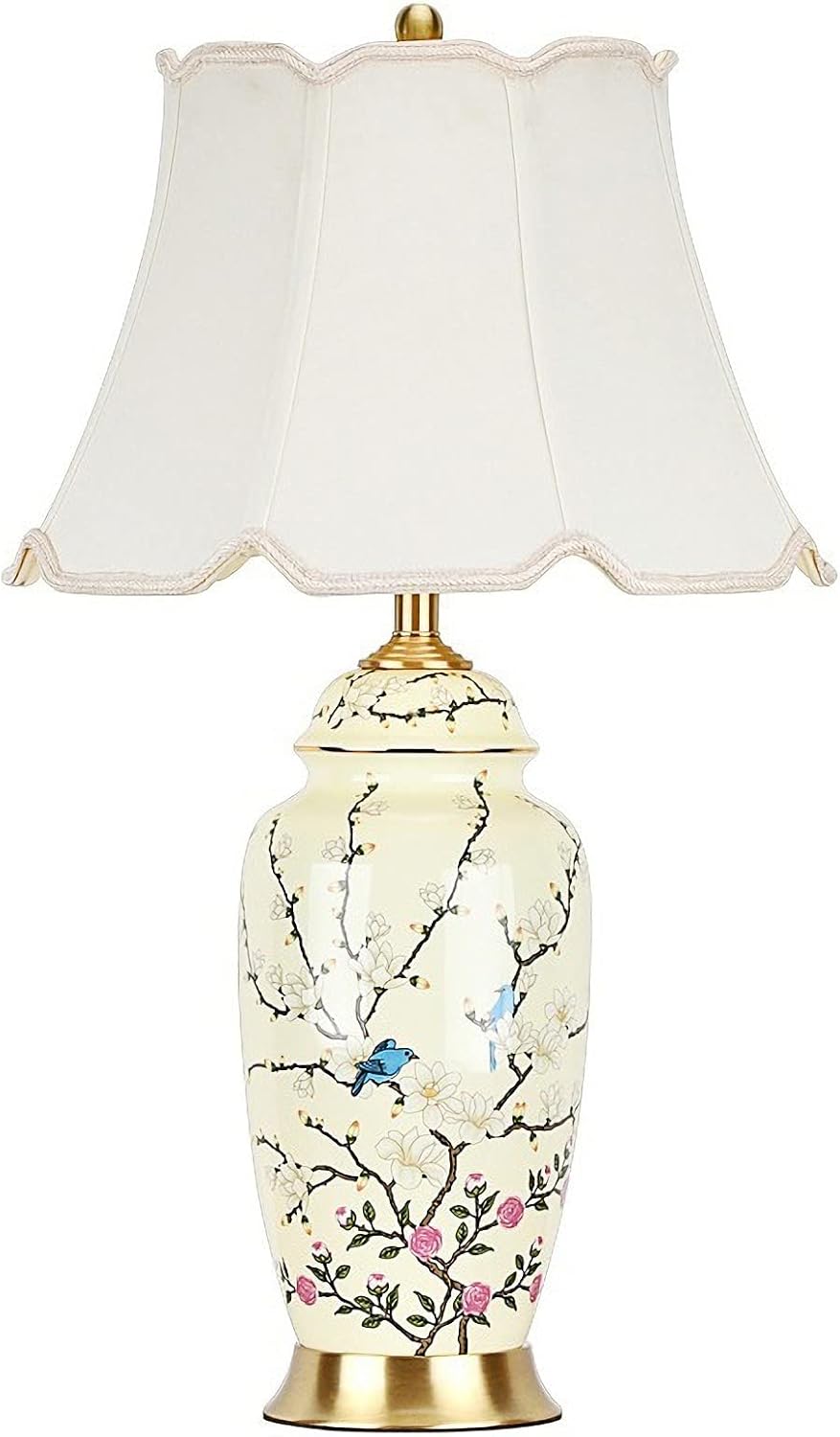 Flower Bird Ceramic Table Lamp, Rustic Vintage White 26.7' Tall Coastal Bedside lamp, Ceramic Lamp Body with Fabric Tapered Drum Shade for Living Room Bedroom House Bedside Nightstand Home
