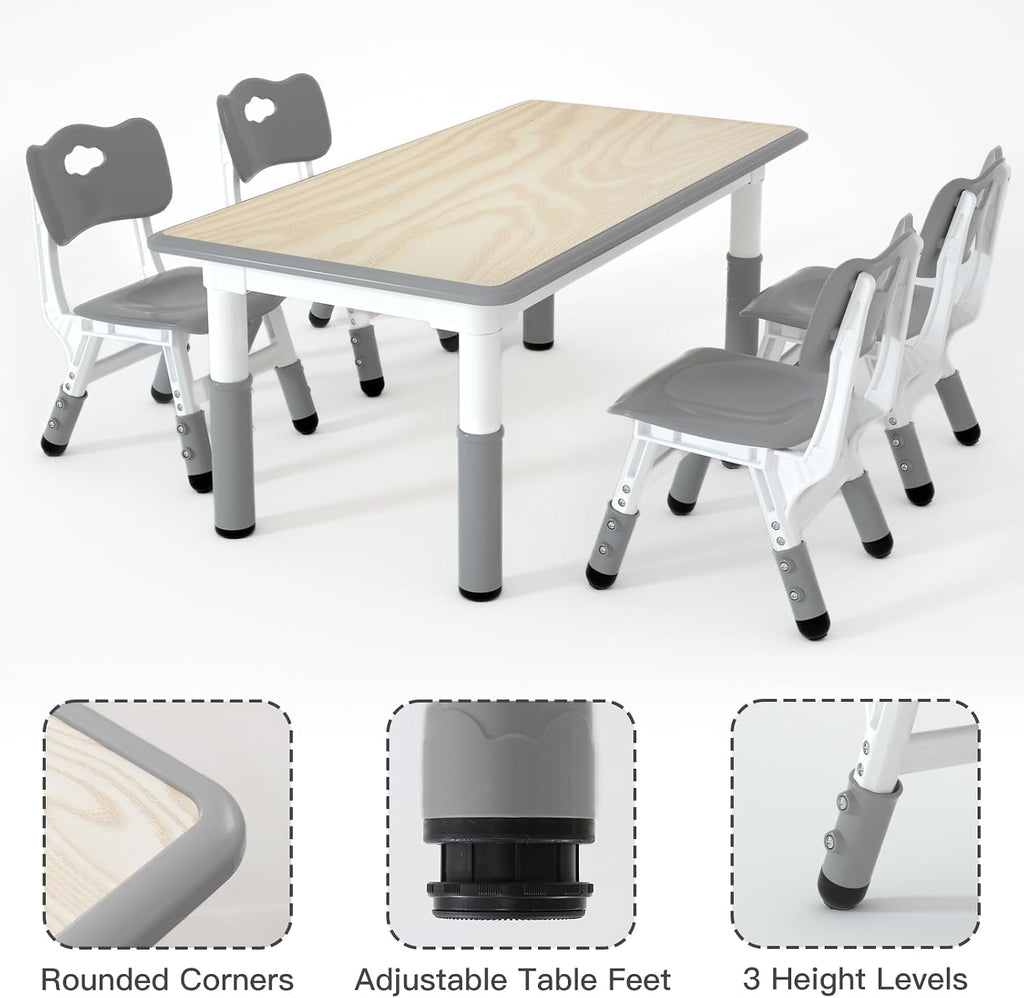 LulliSpace Kids Table and 4 Chairs Set，Height Adjustable Children Table & Chair，Toddlers Study Multi-Activity Table with 47.2'x23.6' Wipe-Clean Desktop，for Classrooms, Homes & Daycares